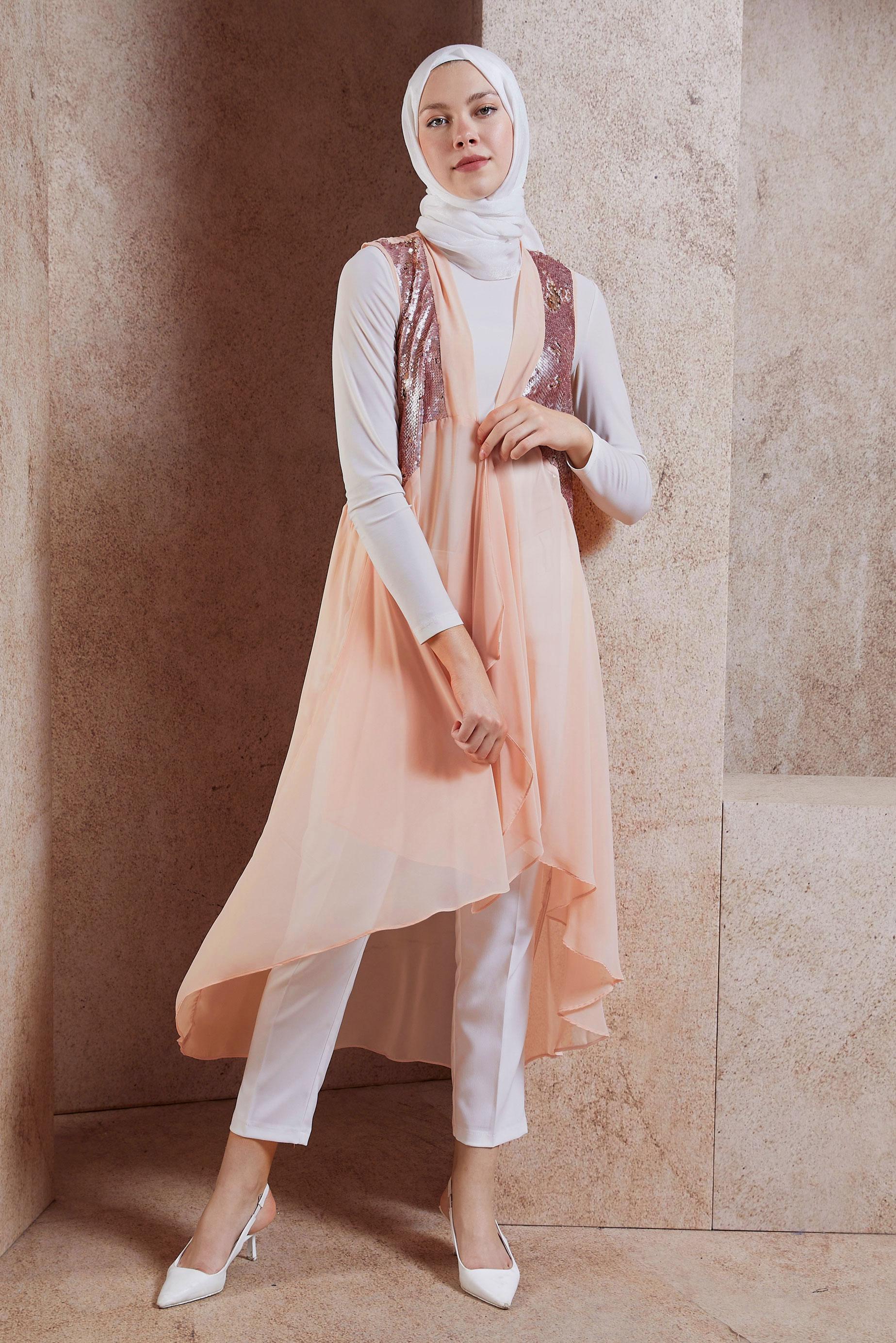 Tesettür giyim PUDRA PUL PAYETLİ ŞİFON YELEK 4283