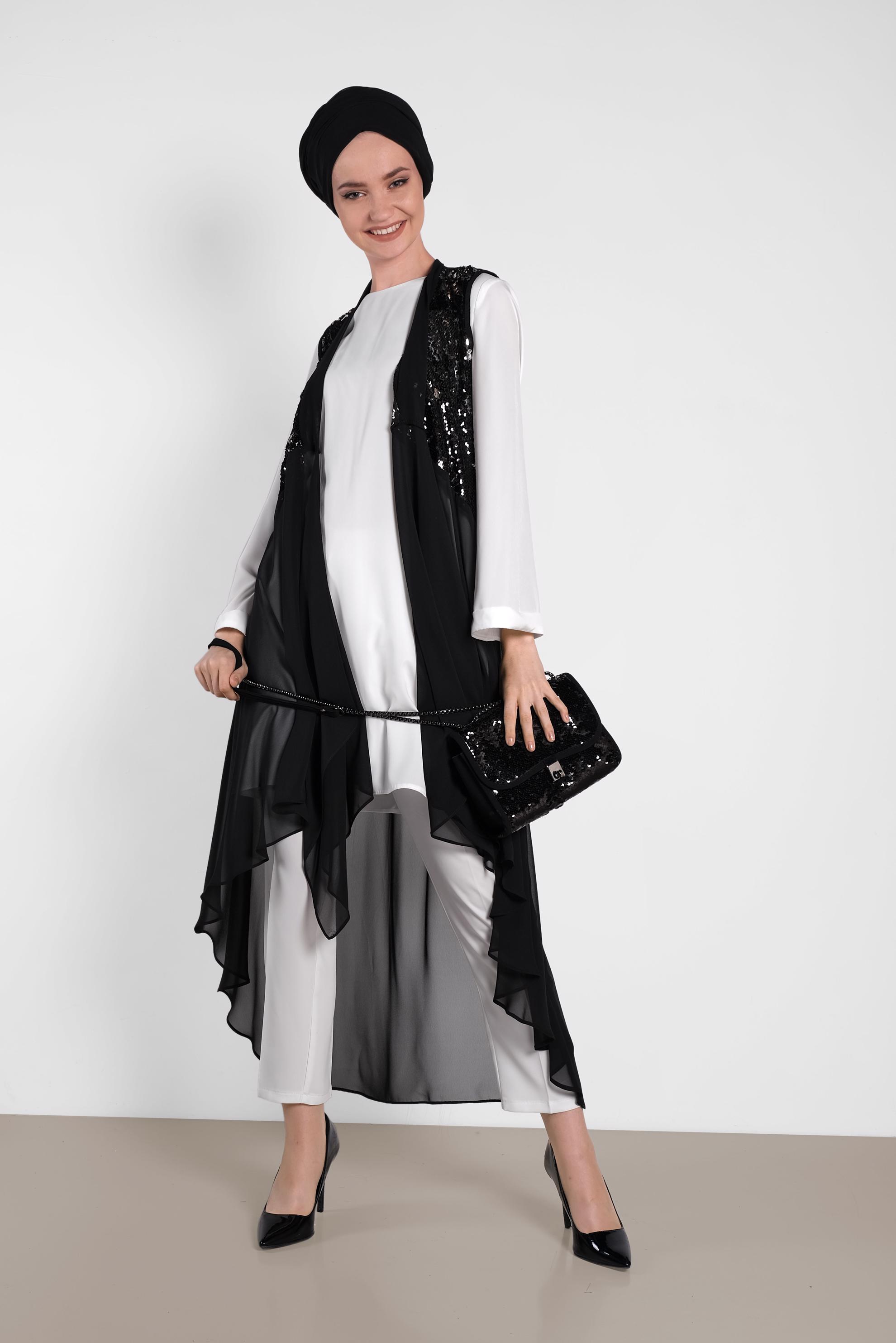 Tesettür giyim SİYAH PUL PAYETLİ ŞİFON YELEK 4283