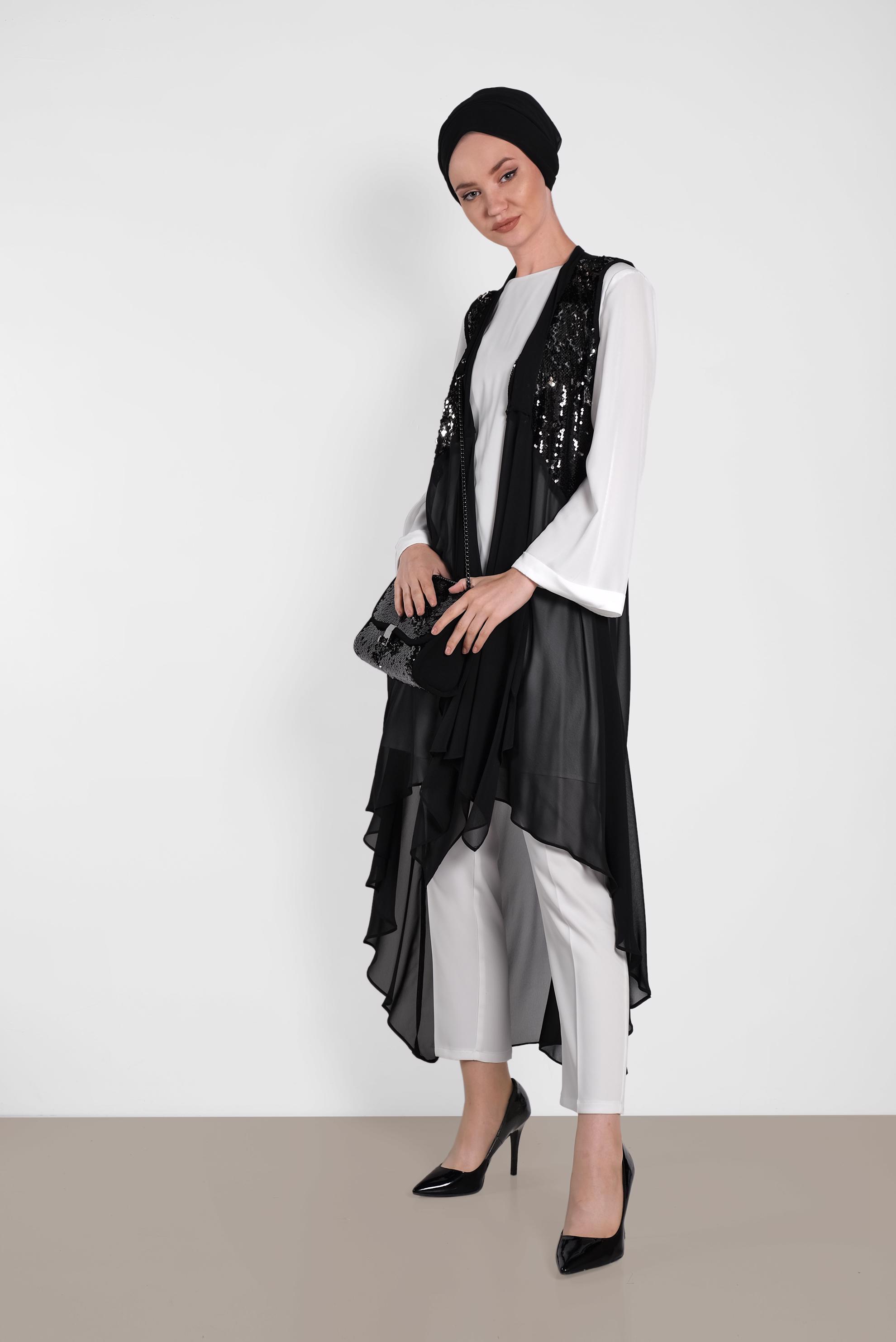 Tesettür giyim SİYAH PUL PAYETLİ ŞİFON YELEK 4283