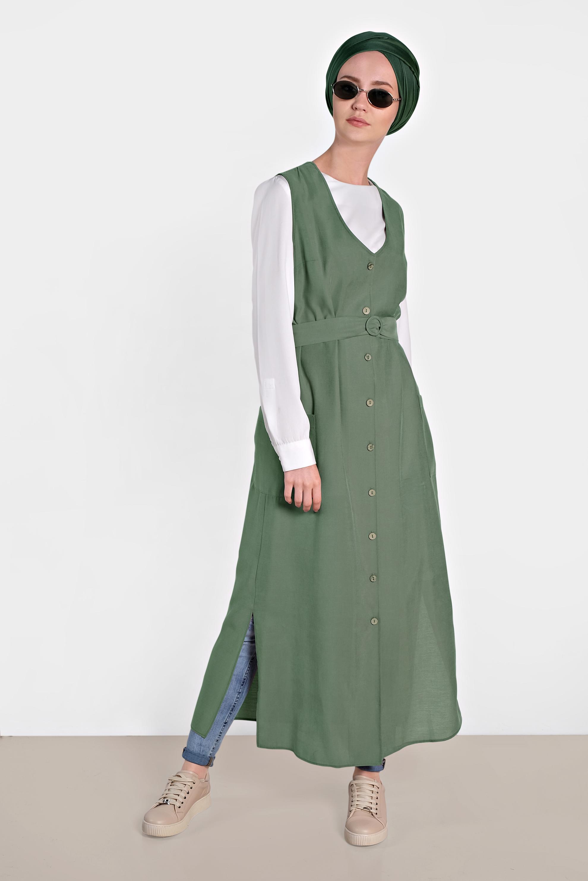 Tesettür giyim HAKİ DÜĞMELİ CEP DETAYLI YELEK 4451