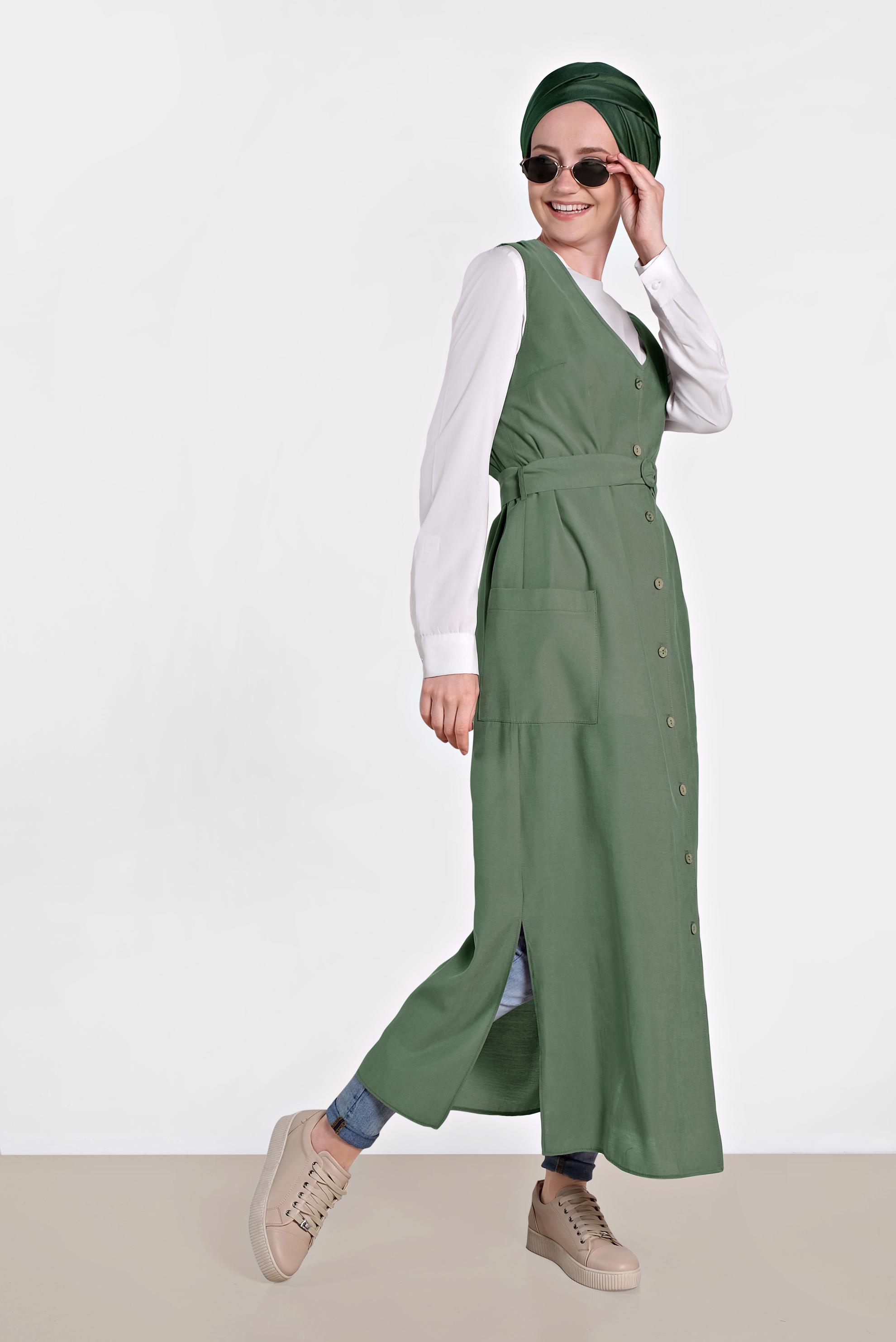 Tesettür giyim HAKİ DÜĞMELİ CEP DETAYLI YELEK 4451