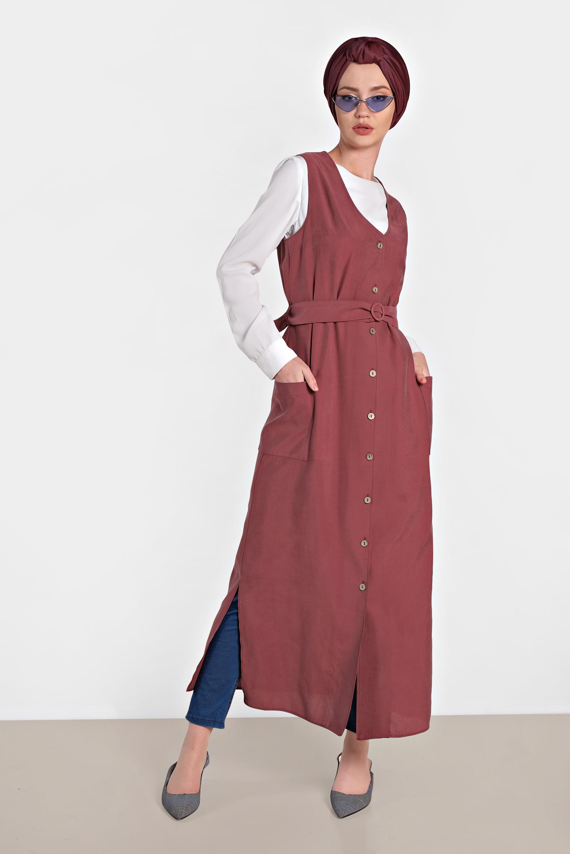 Tesettür giyim BORDO DÜĞMELİ CEP DETAYLI YELEK 4451