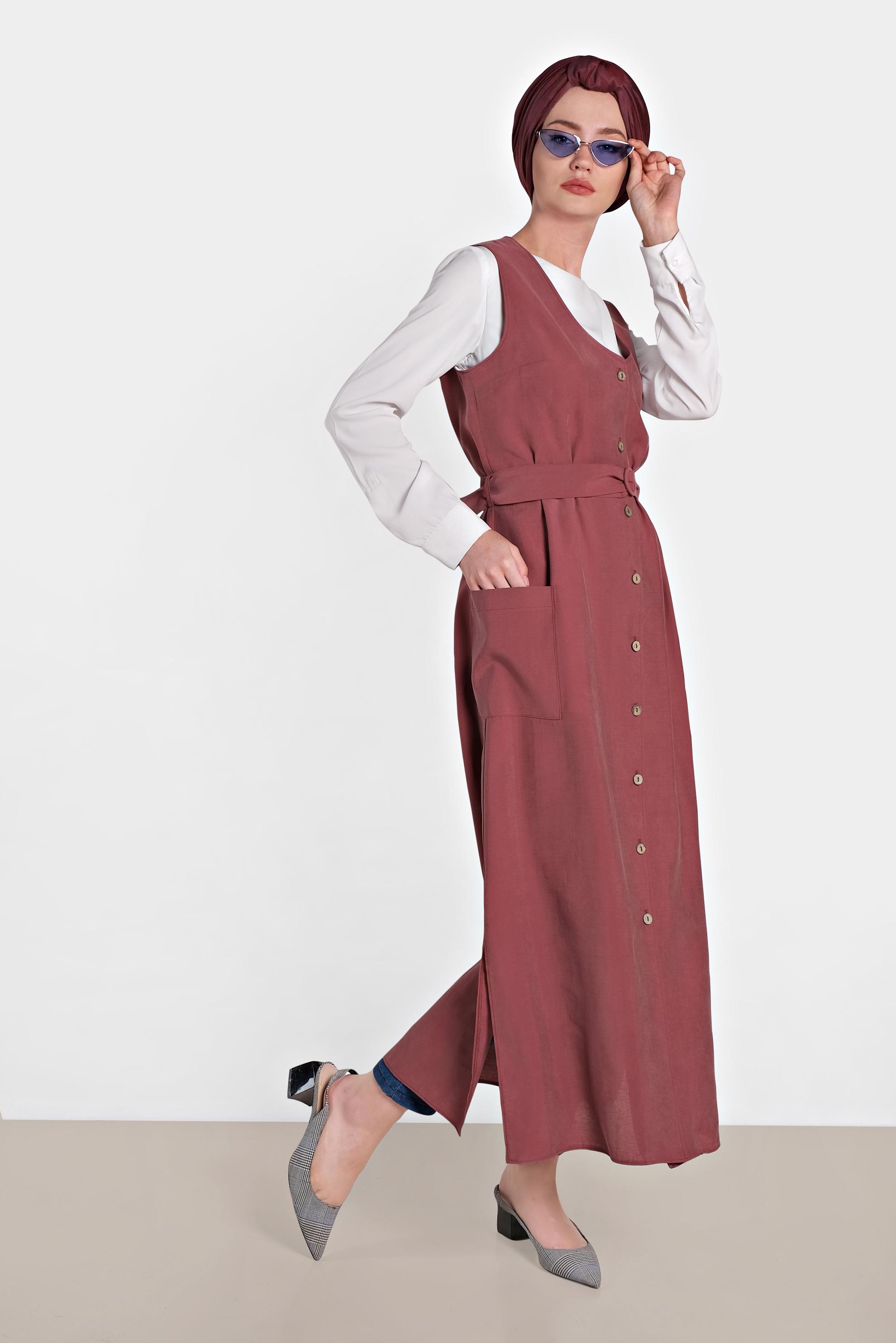 Tesettür giyim BORDO DÜĞMELİ CEP DETAYLI YELEK 4451