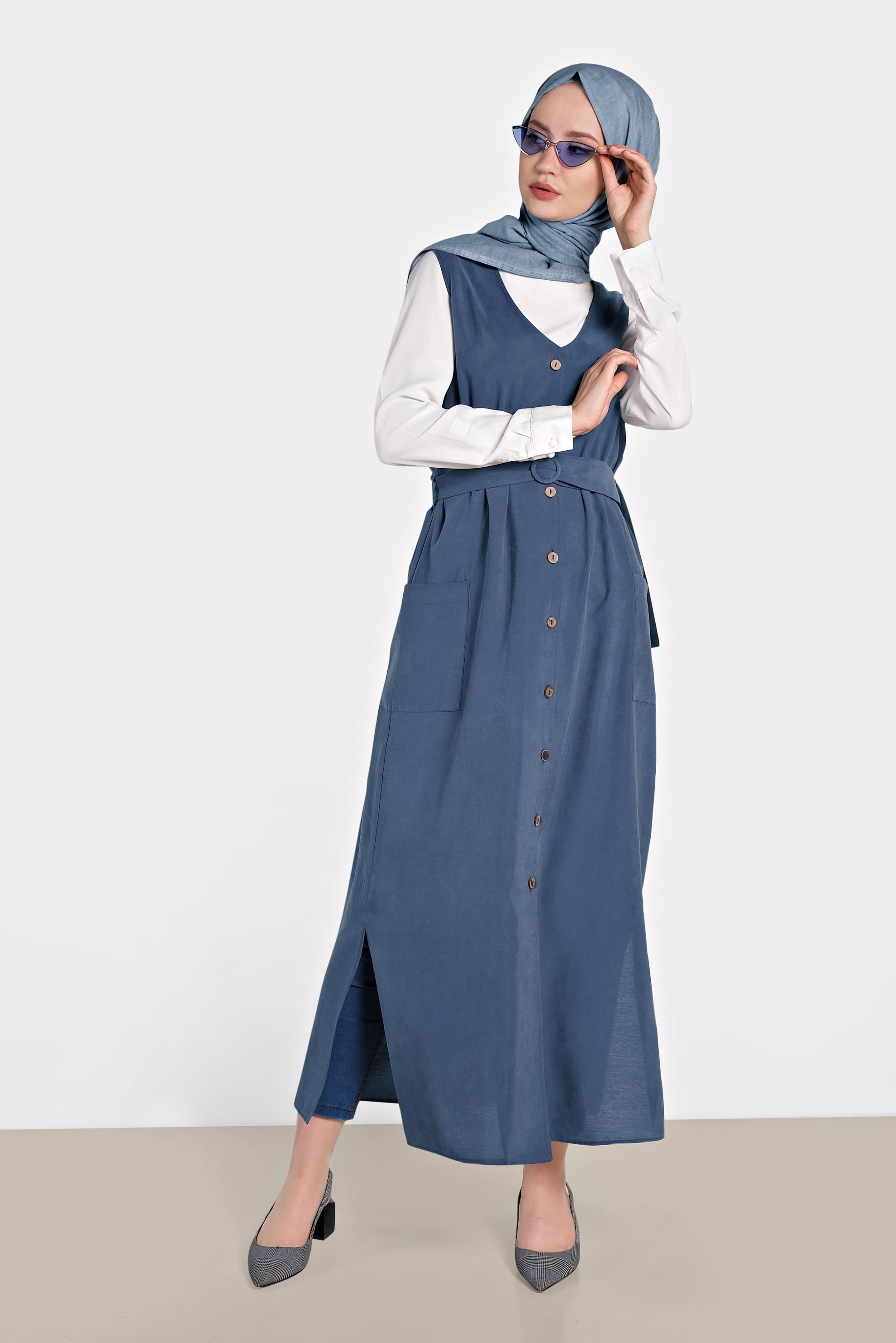 Hijab clothing NAVY BLUE BUTTONED POCKET DETAIL VEST 4451 