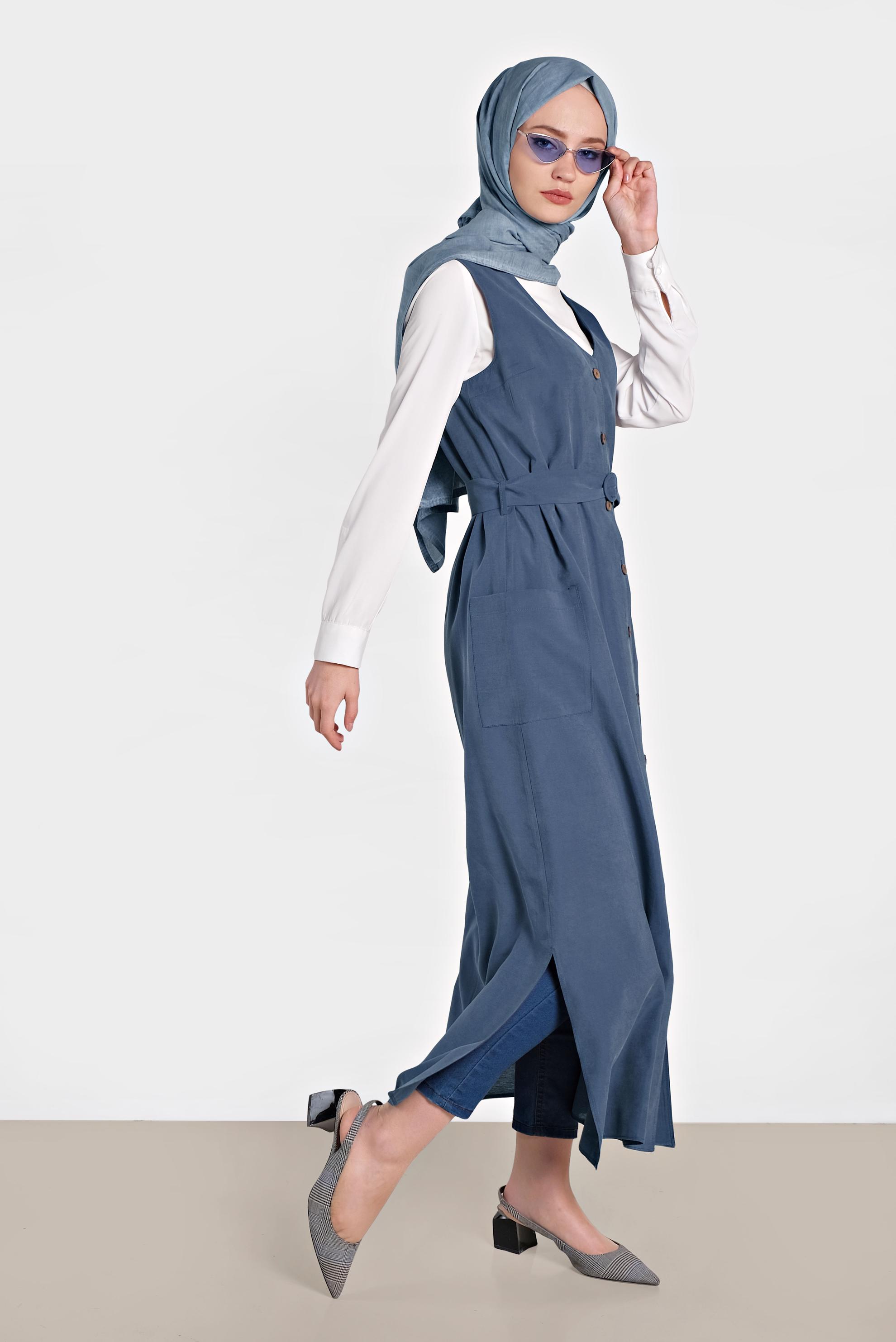 Hijab clothing NAVY BLUE BUTTONED POCKET DETAIL VEST 4451 
