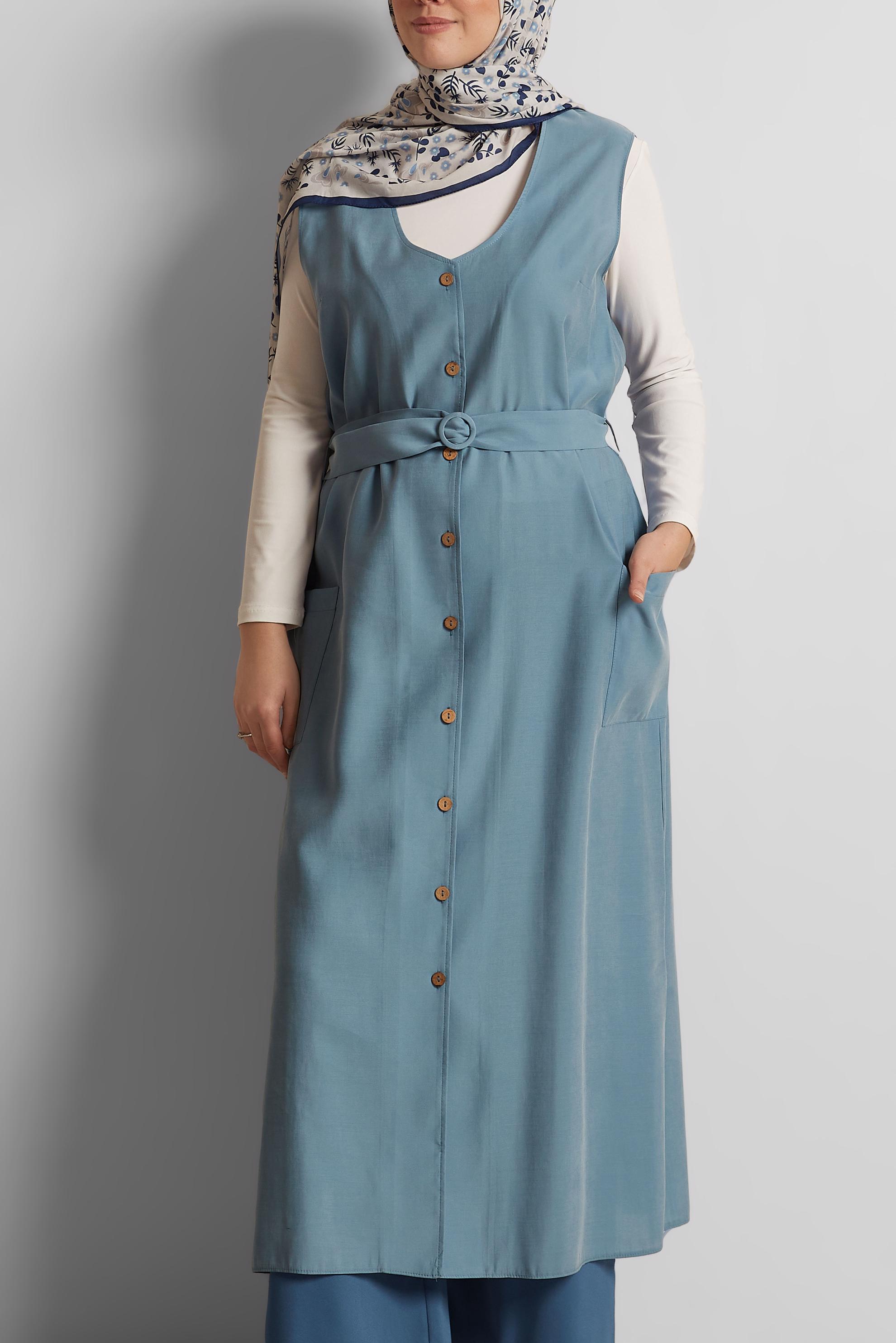 Tesettür giyim MAVİ DÜĞMELİ CEP DETAYLI YELEK 4451