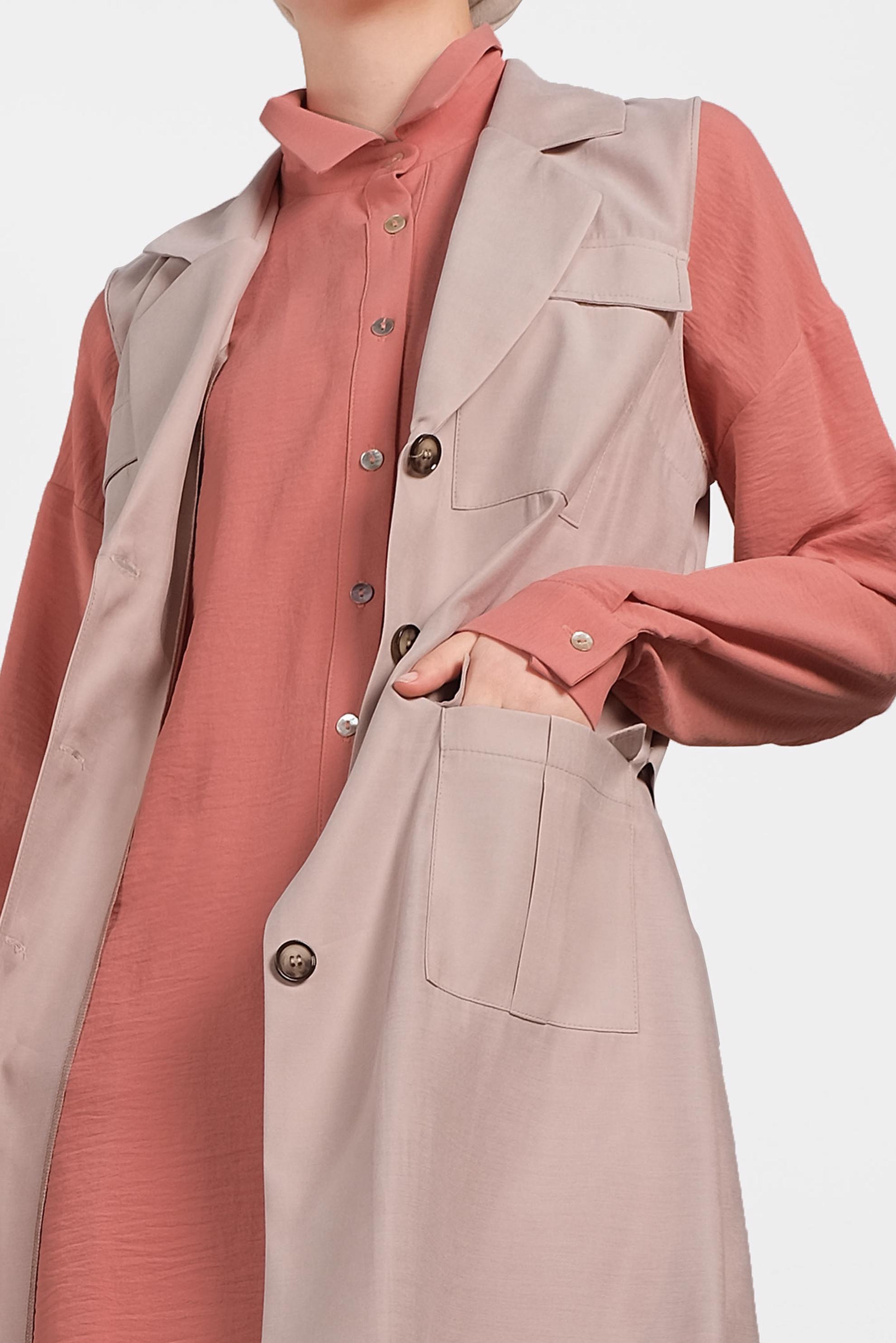 Tesettür giyim BEJ CEPLİ KEMERLİ YELEK 4452