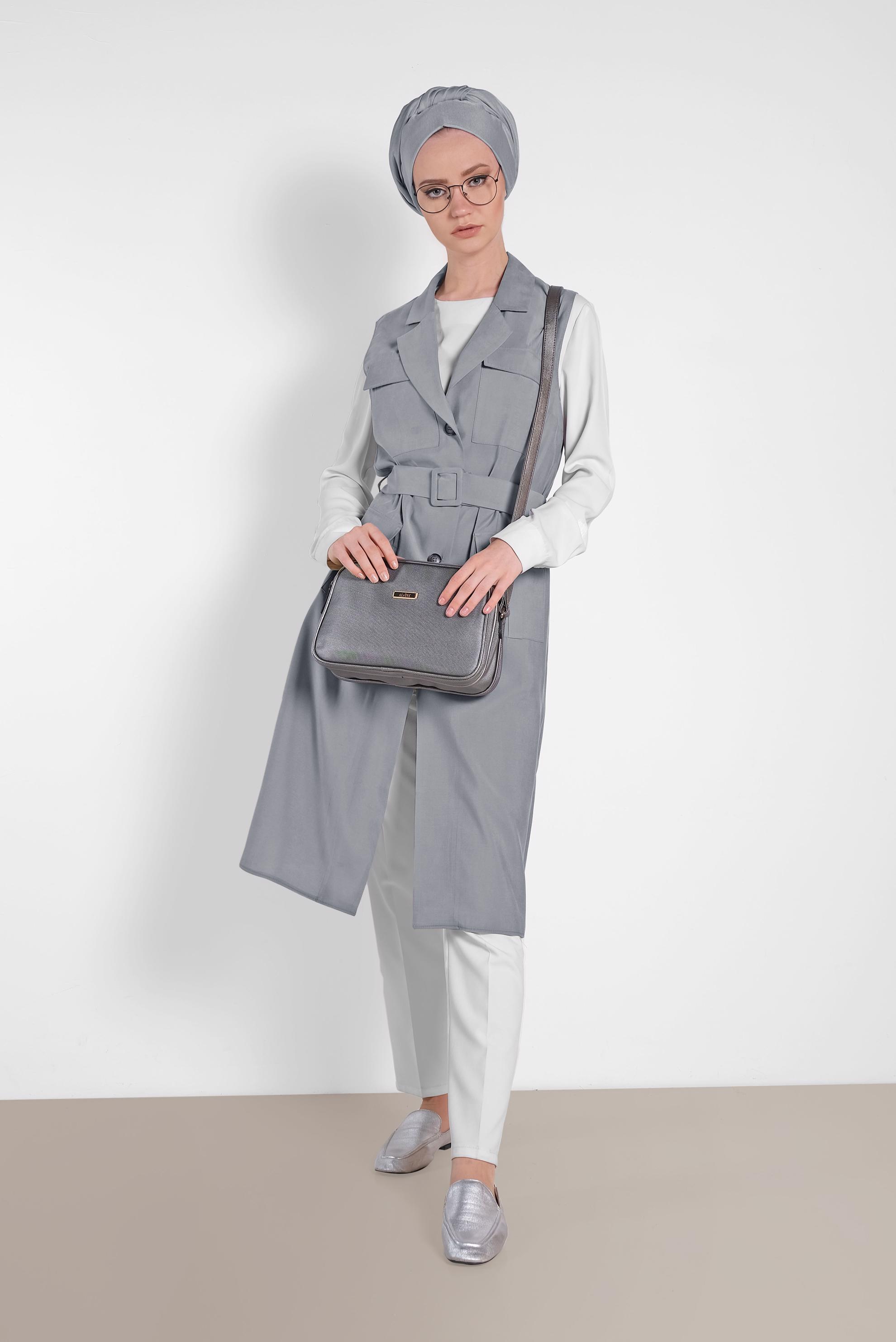 Hijab clothing GREY BELTED VEST WITH POCKET 4452 