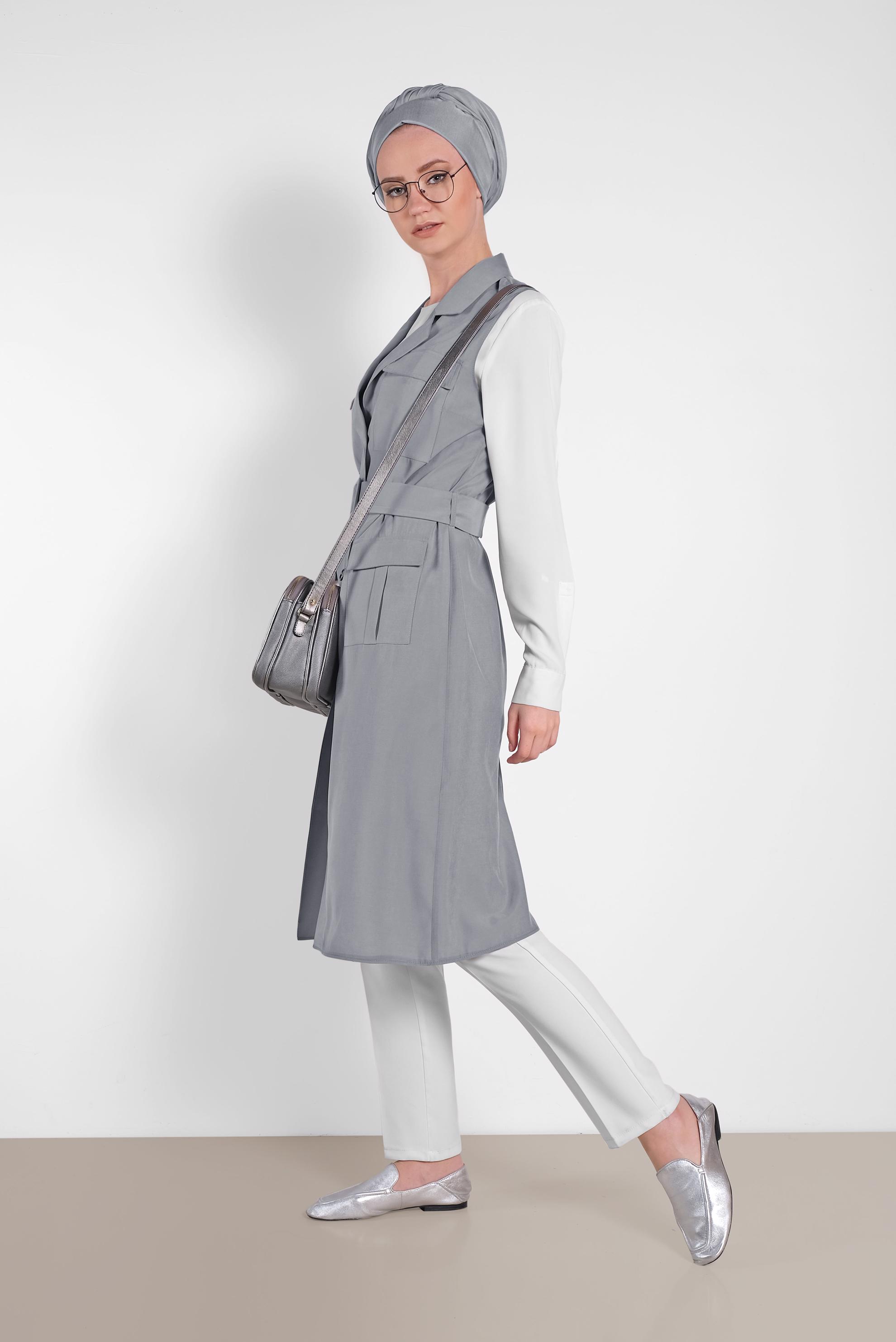 Hijab clothing GREY BELTED VEST WITH POCKET 4452 