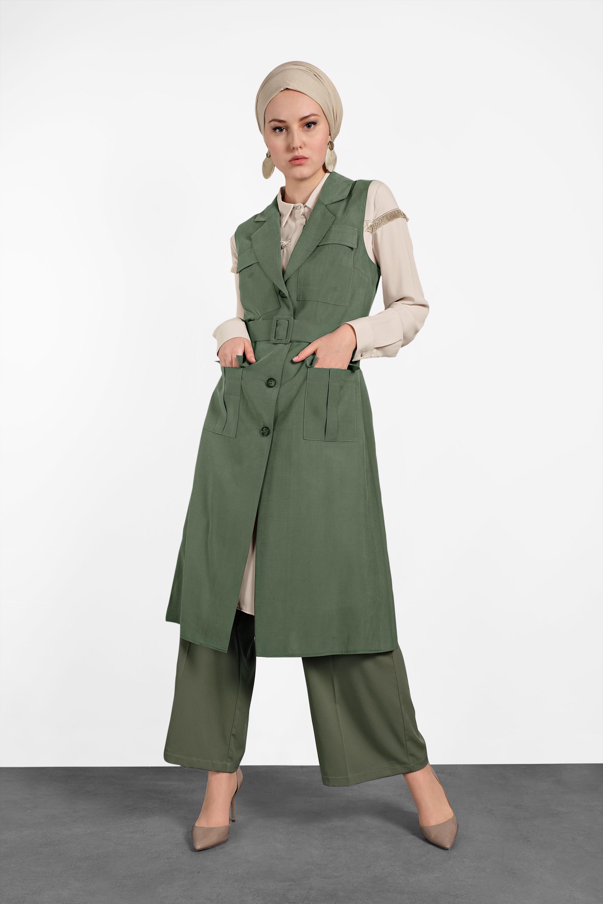 Hijab clothing KHAKI BELTED VEST WITH POCKET 4452 