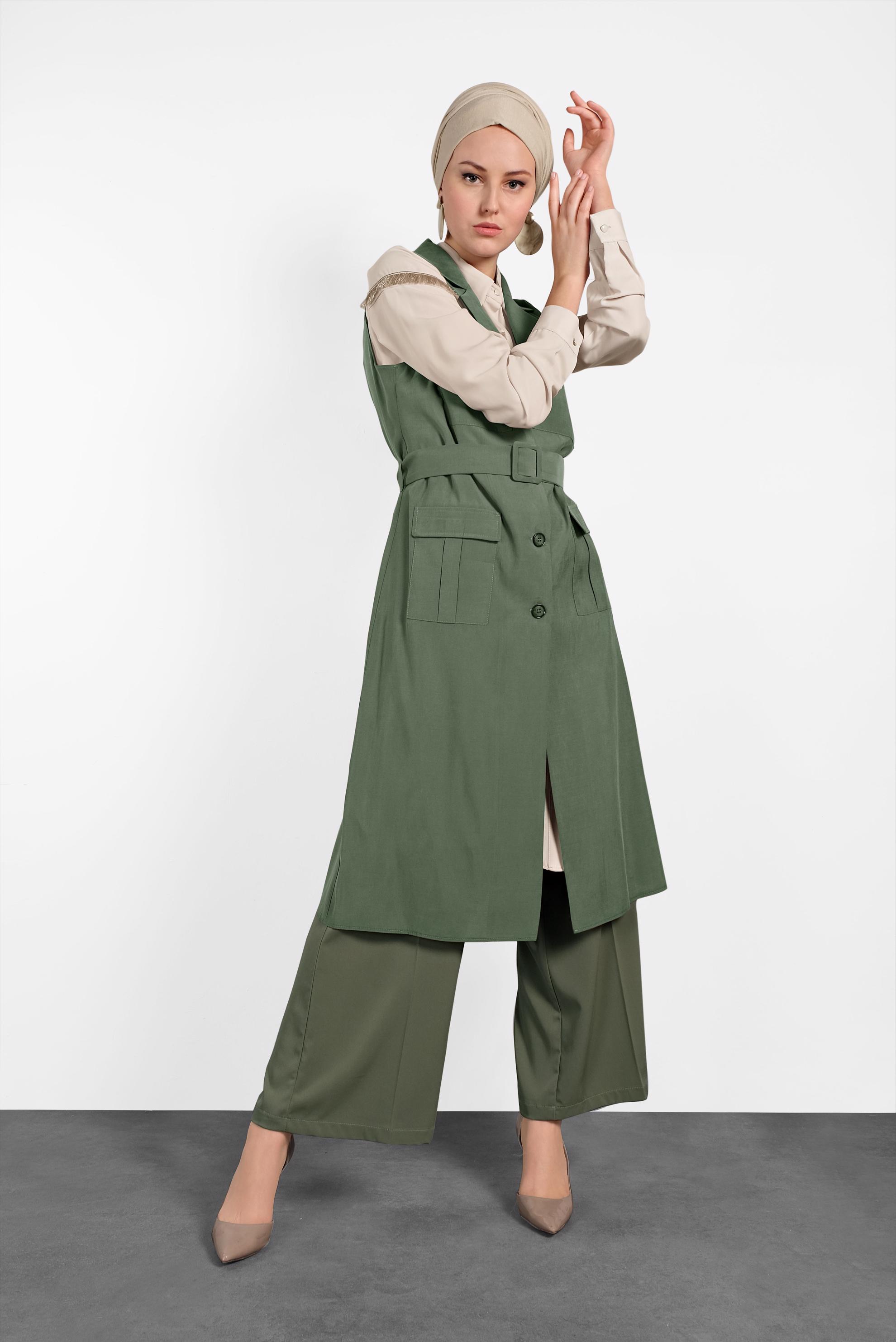 Hijab clothing KHAKI BELTED VEST WITH POCKET 4452 