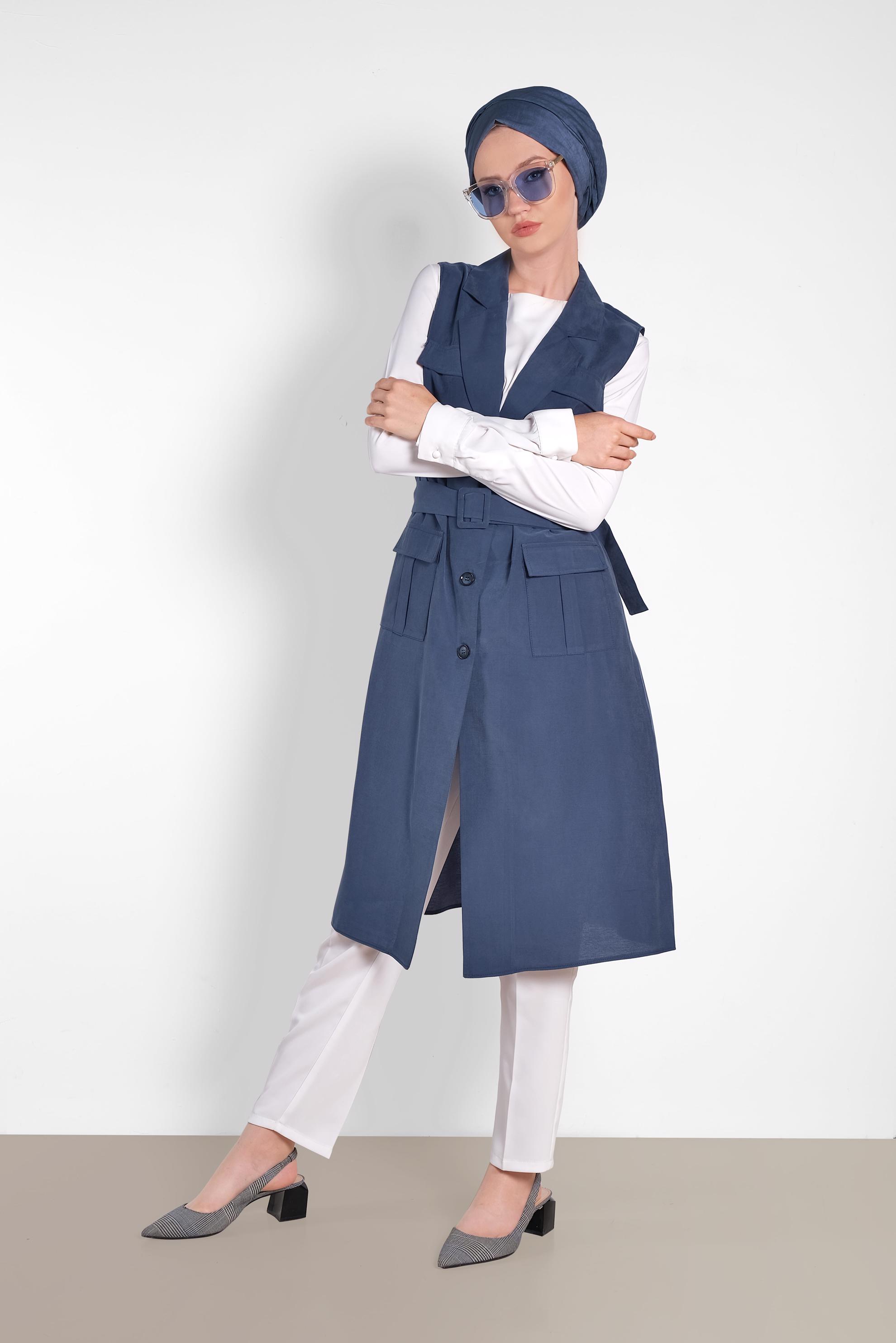 Hijab clothing NAVY BLUE BELTED VEST WITH POCKET 4452 