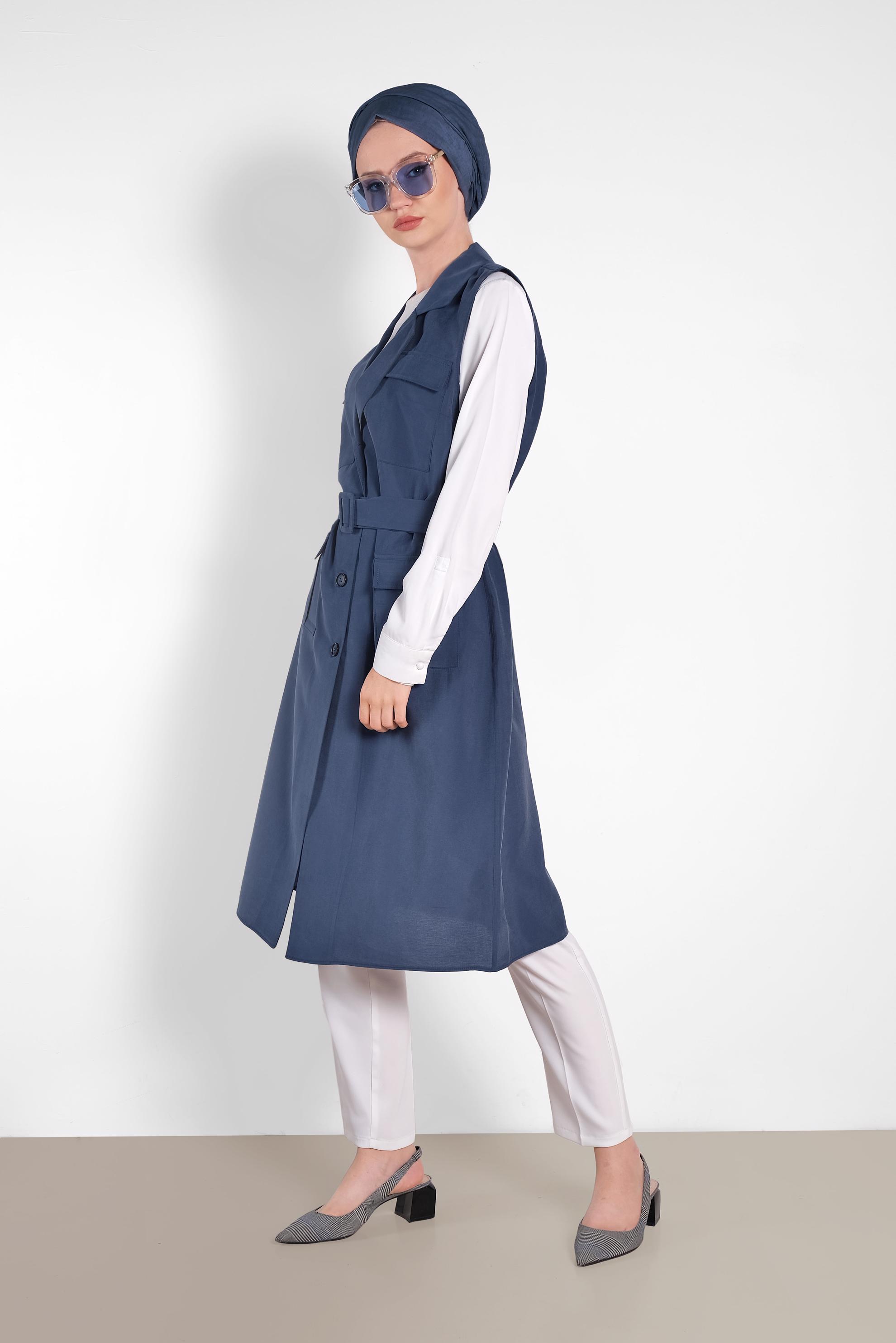 Hijab clothing NAVY BLUE BELTED VEST WITH POCKET 4452 