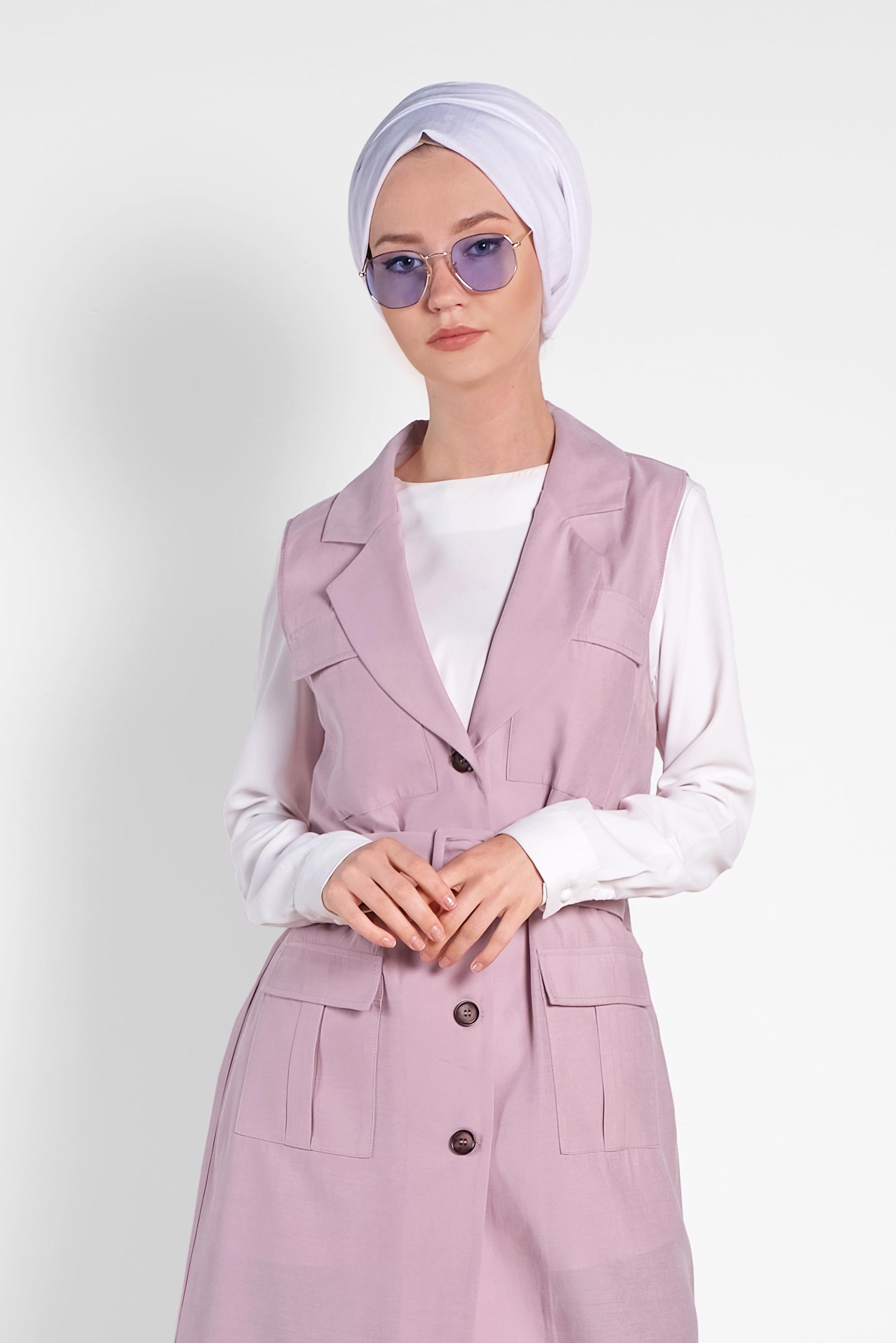 Tesettür giyim PUDRA CEPLİ KEMERLİ YELEK 4452