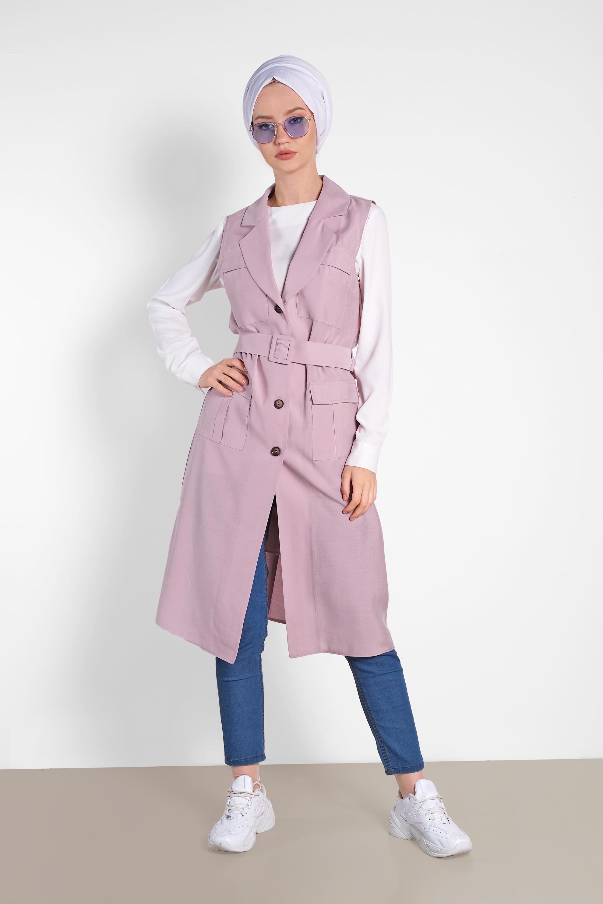 Tesettür giyim PUDRA CEPLİ KEMERLİ YELEK 4452