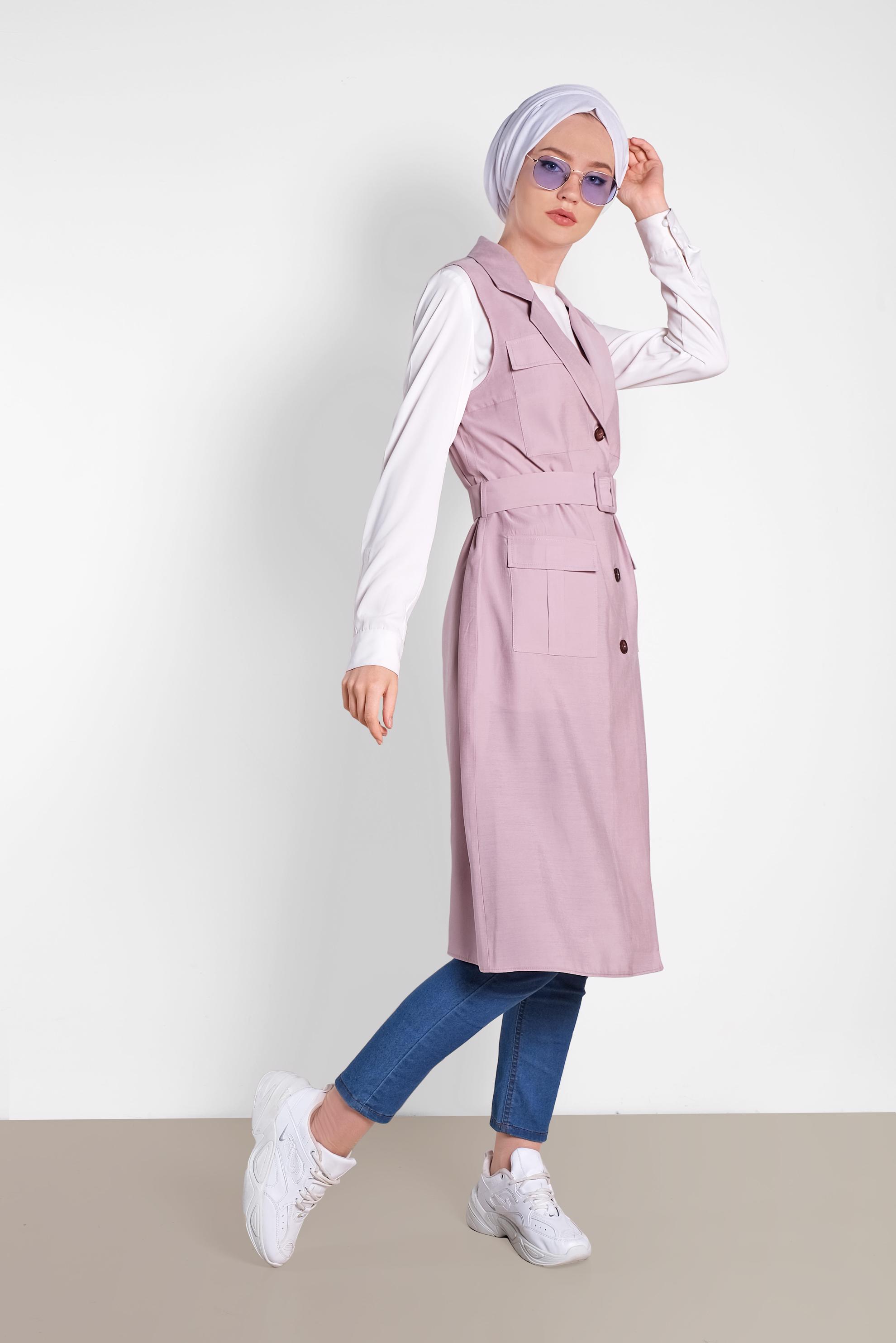 Tesettür giyim PUDRA CEPLİ KEMERLİ YELEK 4452