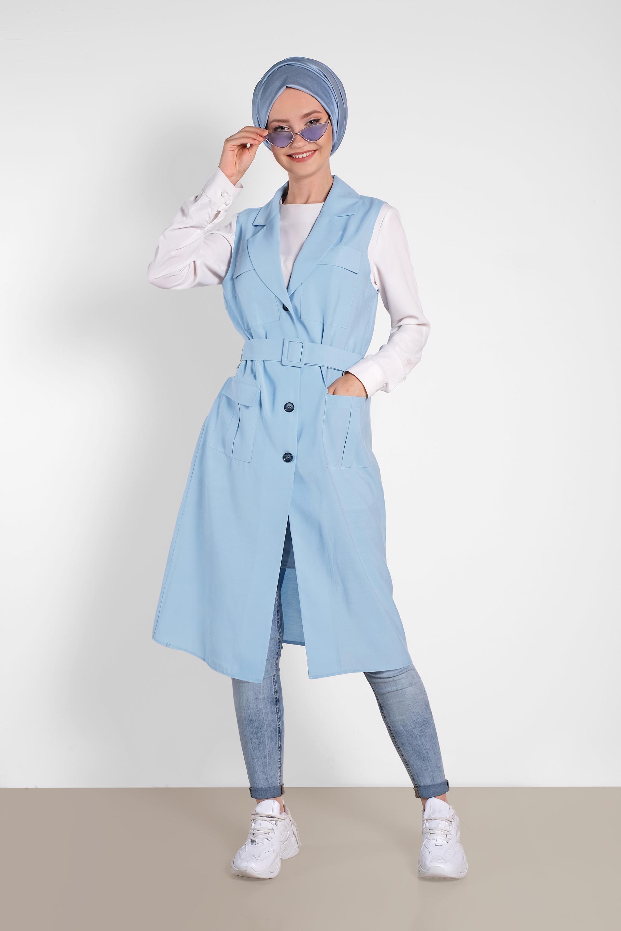 Tesettür giyim MAVİ CEPLİ KEMERLİ YELEK 4452