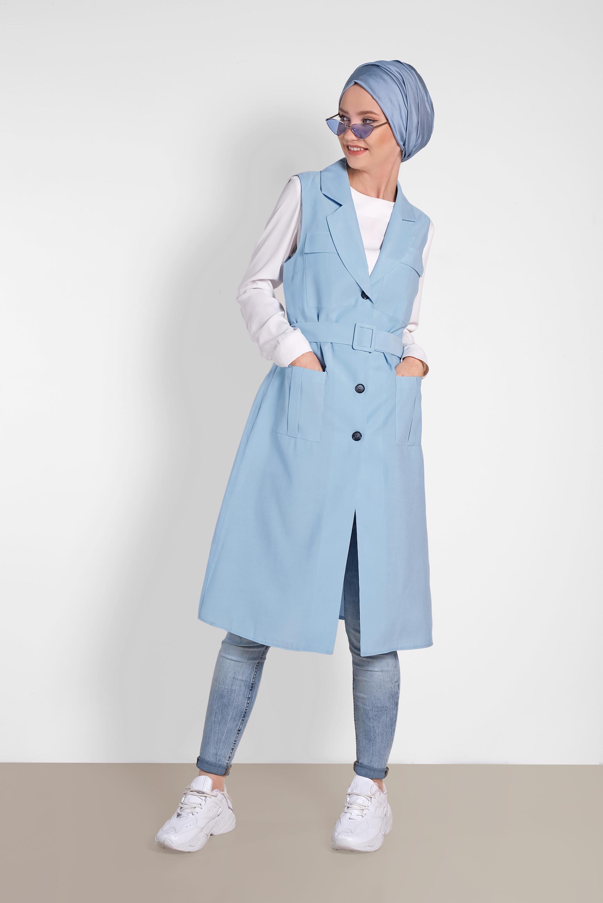 Tesettür giyim MAVİ CEPLİ KEMERLİ YELEK 4452