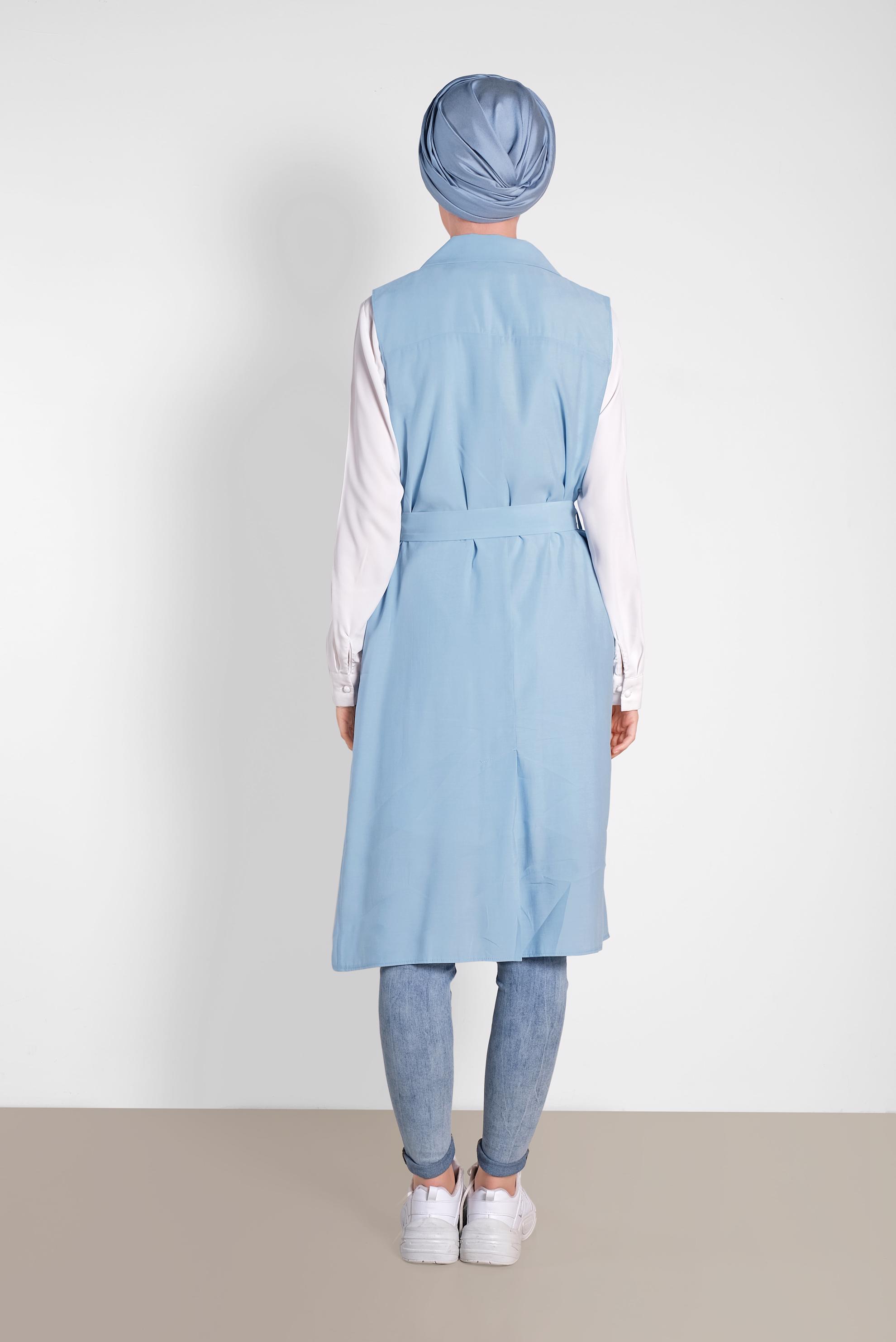 Tesettür giyim MAVİ CEPLİ KEMERLİ YELEK 4452