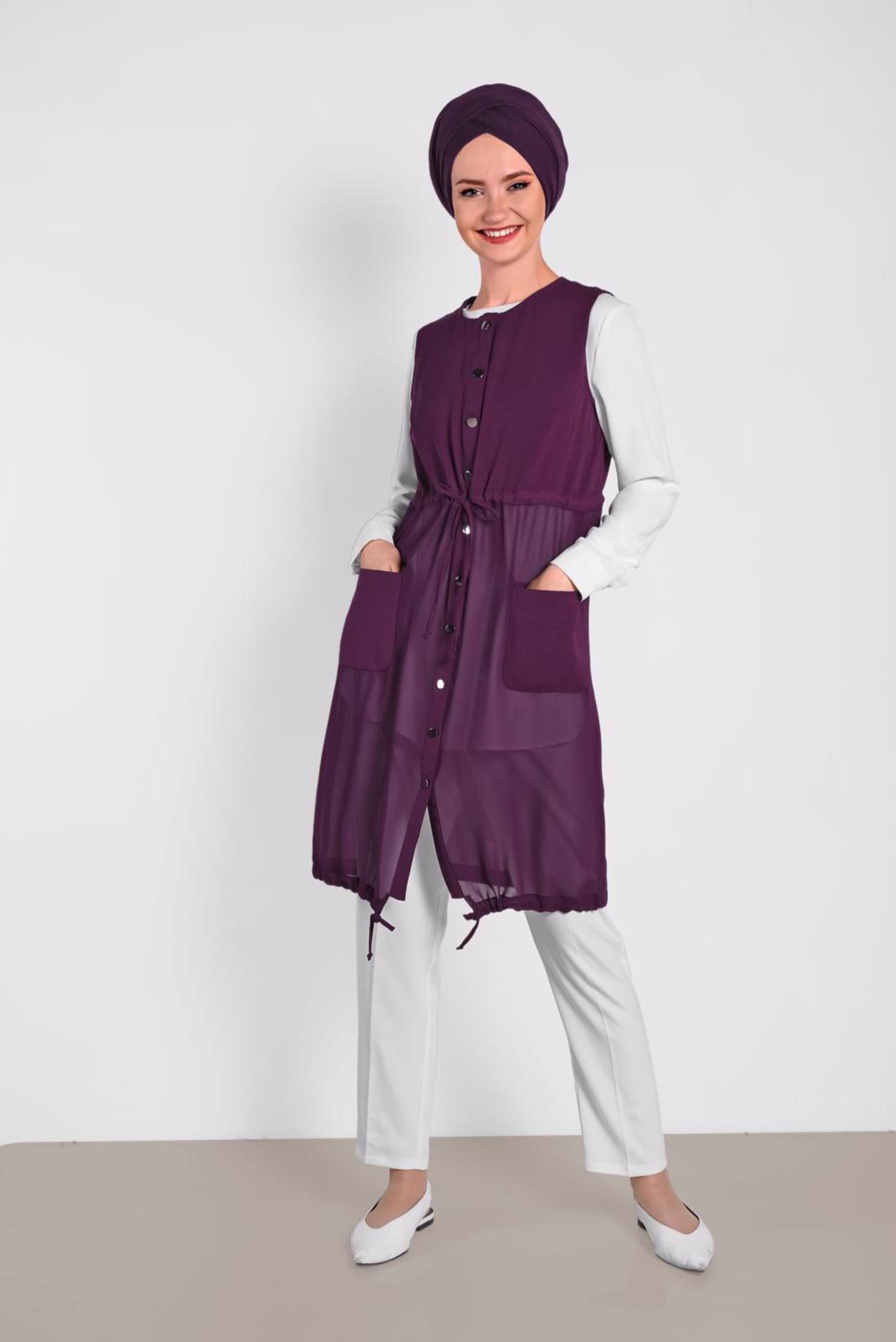 Tesettür giyim MOR BELDEN BÜZGÜLÜ YELEK 4476