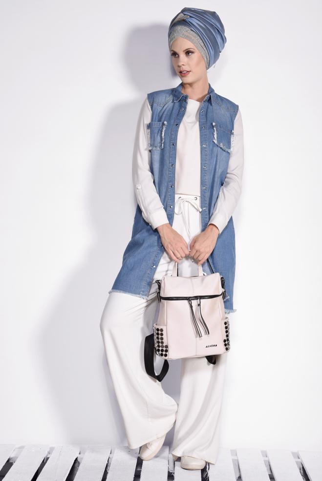 Hijab clothing BLUE DENIM VEST WITH FRINGED HEM 4952  - ALVİNA