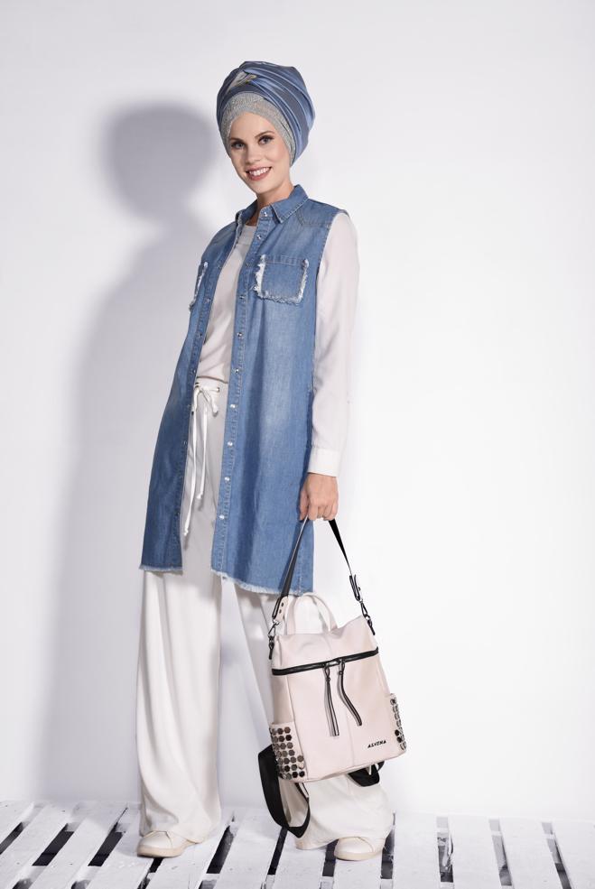 Hijab clothing BLUE DENIM VEST WITH FRINGED HEM 4952  - ALVİNA