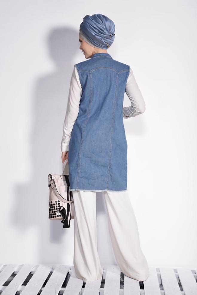 Hijab clothing BLUE DENIM VEST WITH FRINGED HEM 4952  - ALVİNA