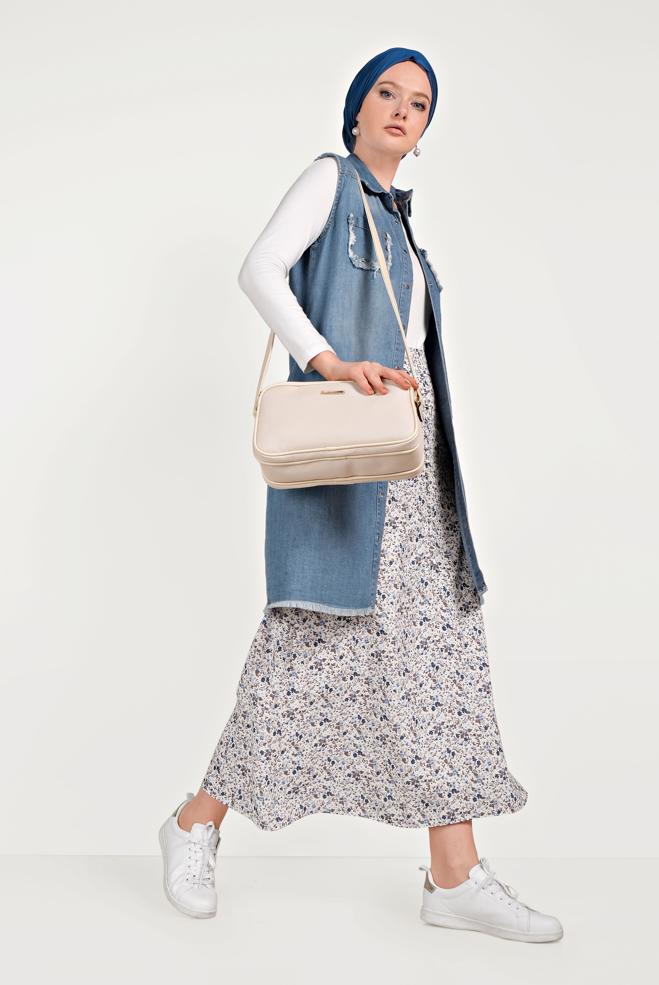 Hijab clothing BLUE DENIM VEST WITH FRINGED HEM 4952  - ALVİNA