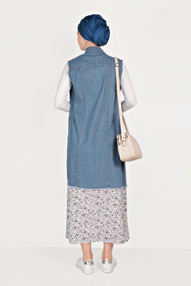 Hijab clothing BLUE DENIM VEST WITH FRINGED HEM 4952  - ALVİNA