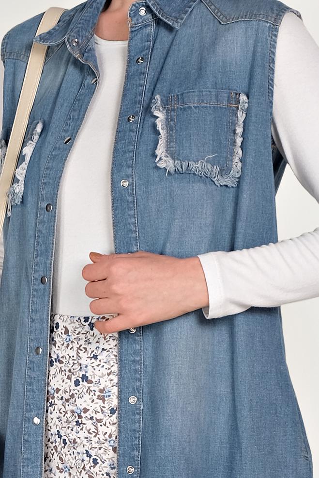 Hijab clothing BLUE DENIM VEST WITH FRINGED HEM 4952  - ALVİNA