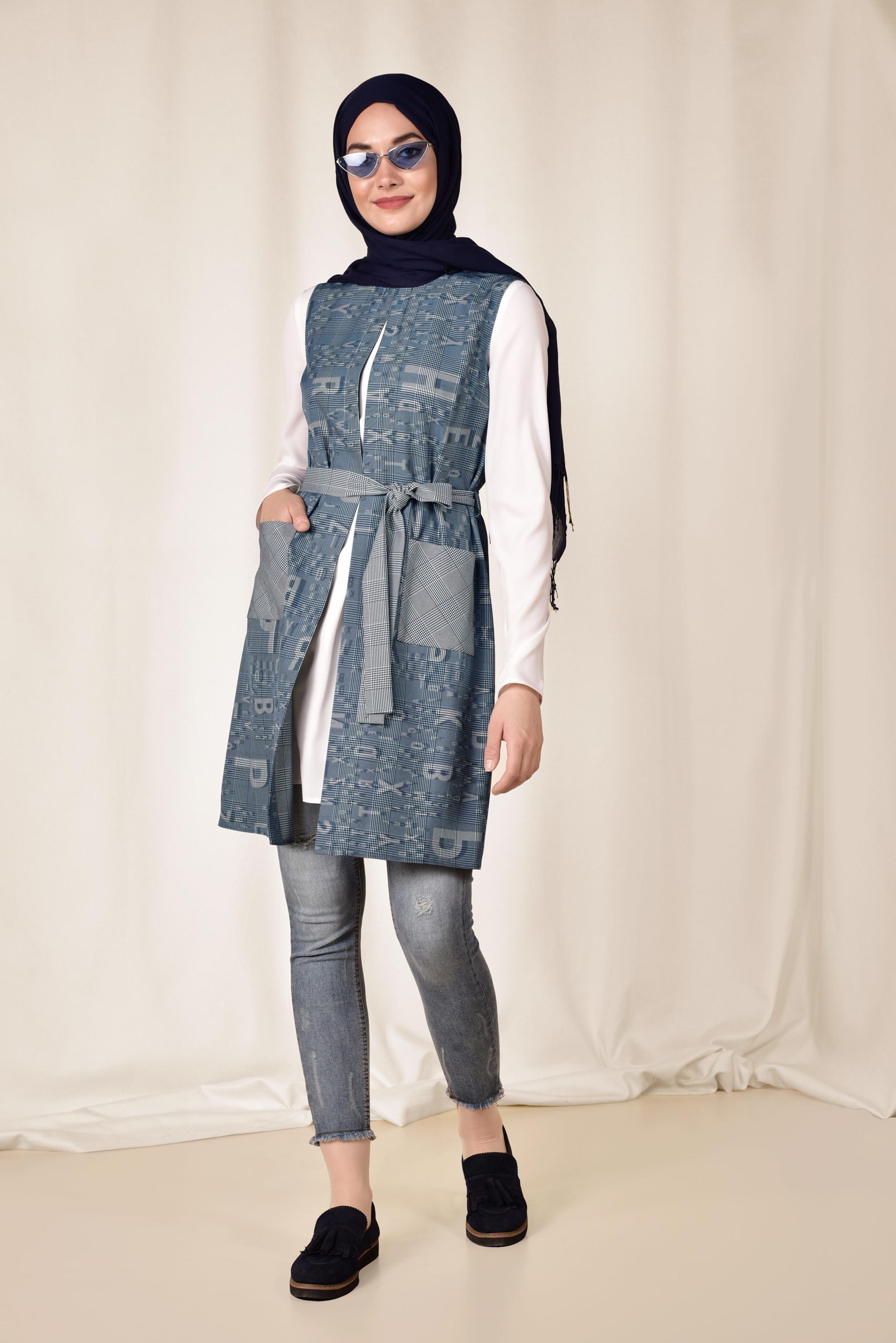 Hijab clothing NAVY BLUE PATTERNED CHECKED VEST 4960 