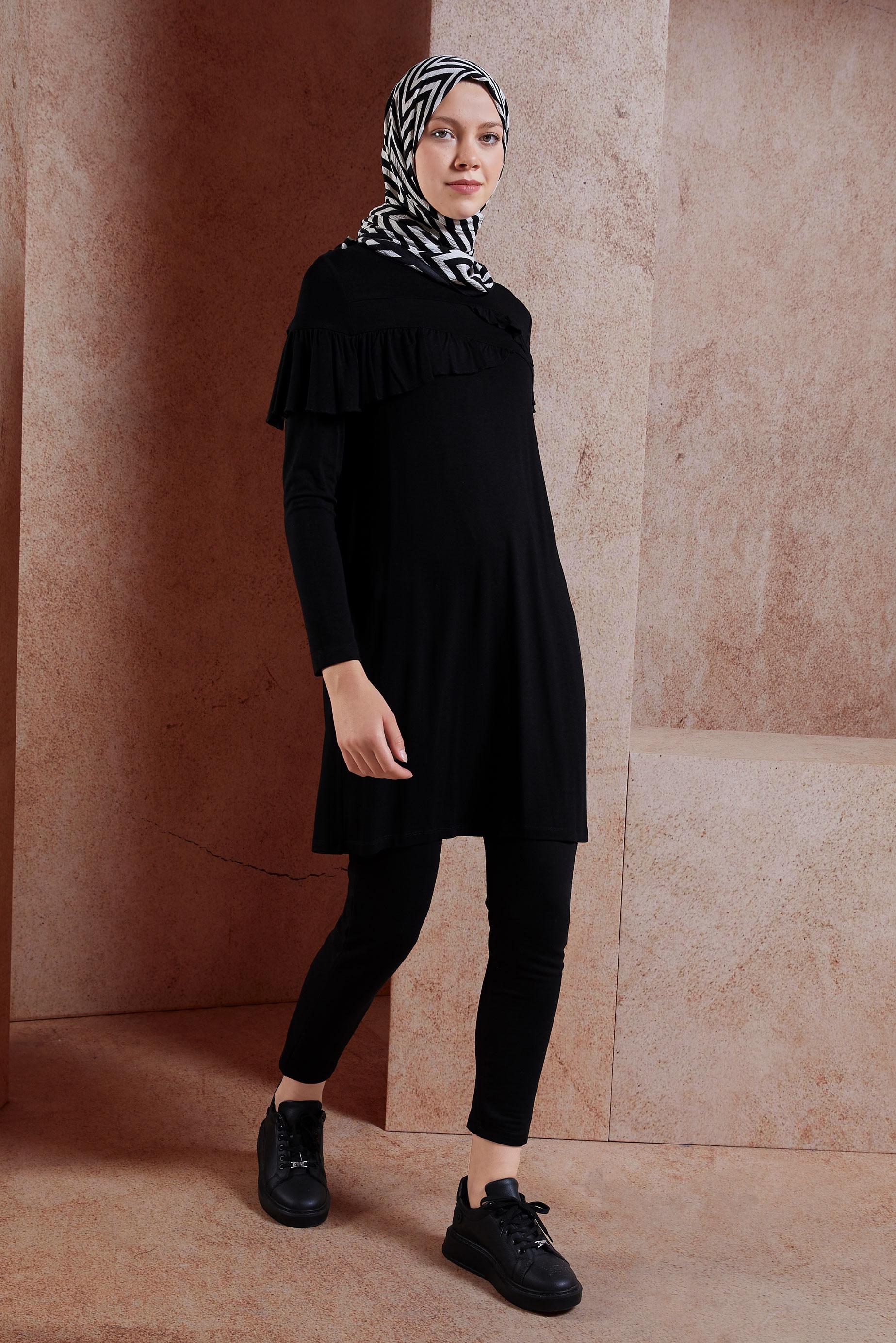 Tesettür giyim SİYAH FIRFIR DETAYLI TUNİK 41231 