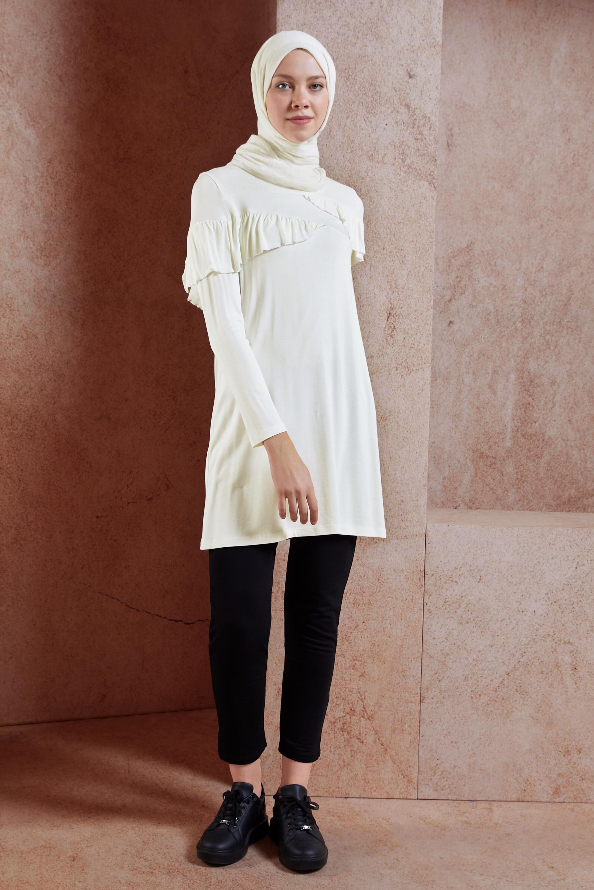 Tesettür giyim BEYAZ FIRFIR DETAYLI TUNİK 41231 