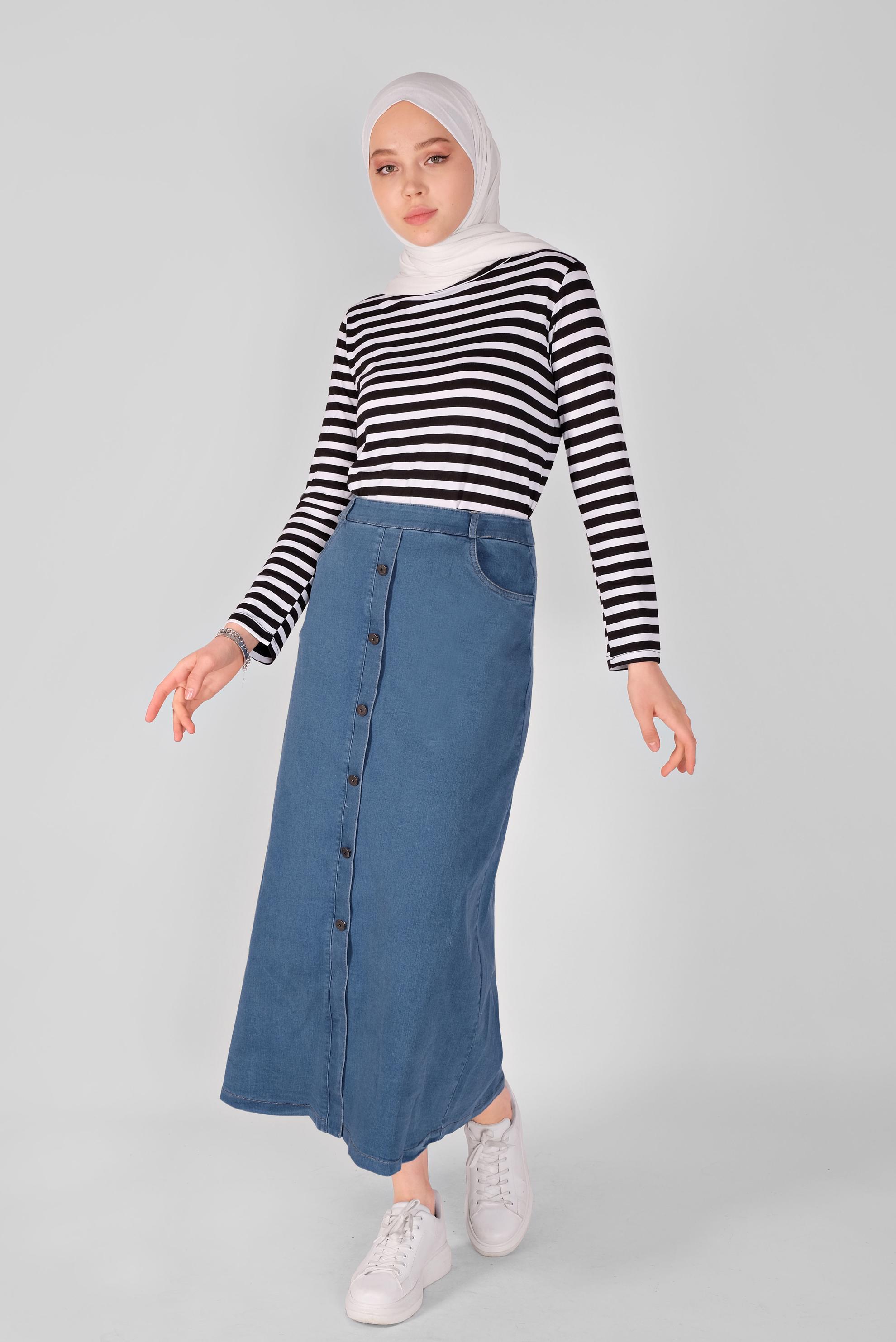 Tesettür giyim LACİVERT DÜĞME DETAYLI DENİM ETEK  60089 