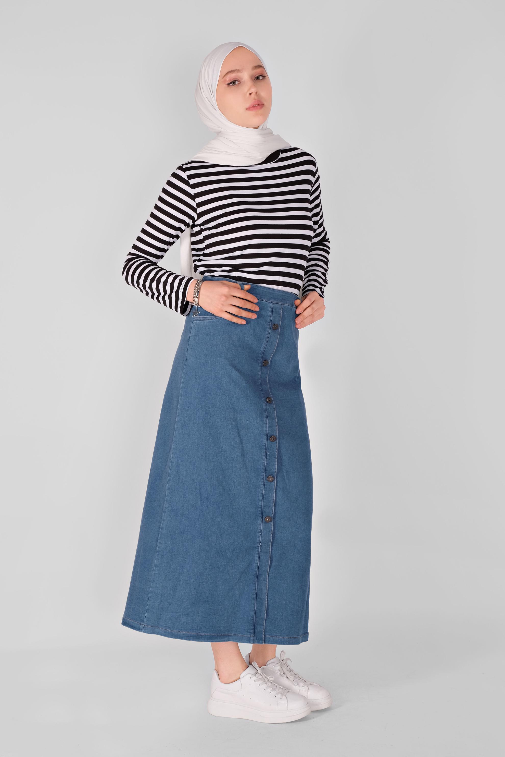 Tesettür giyim LACİVERT DÜĞME DETAYLI DENİM ETEK  60089 
