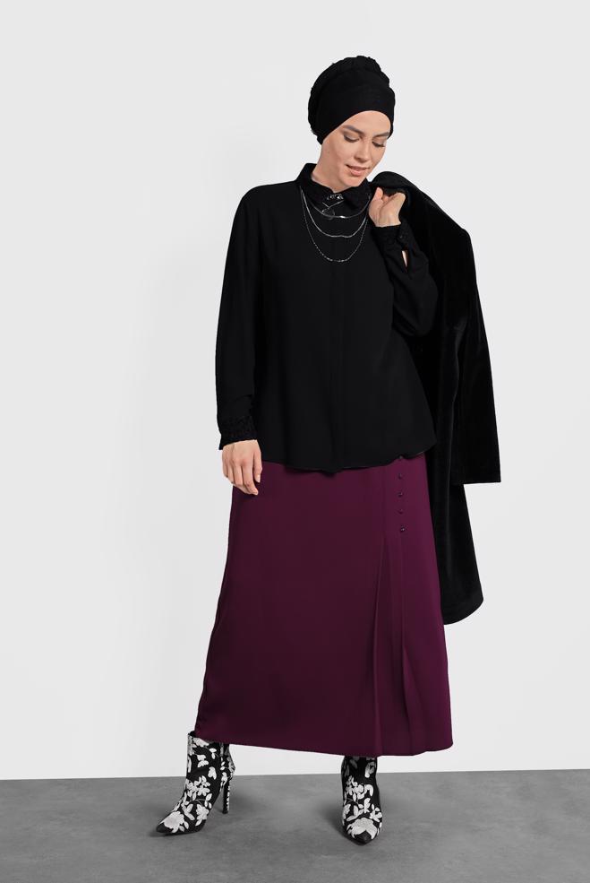 Vêtements hijab NOIR CHEMISIER À BRODÉ 20005  - ALVİNA