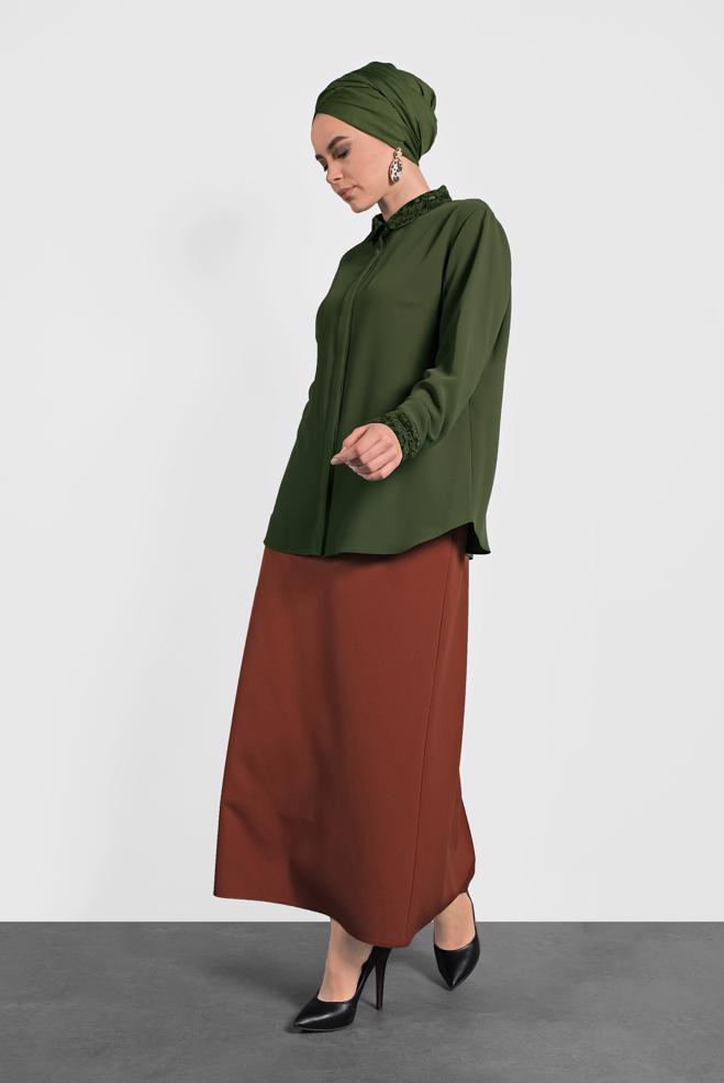 Vêtements hijab KAKI CHEMISIER À BRODÉ 20005  - ALVİNA