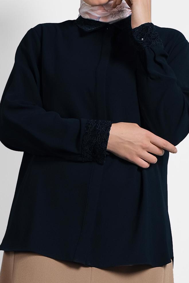 Vêtements hijab BLEU MARINE CHEMISIER À BRODÉ 20005  - ALVİNA