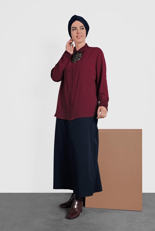 Vêtements hijab ROUGE BORDEAUX CHEMISIER À BRODÉ 20005  - ALVİNA
