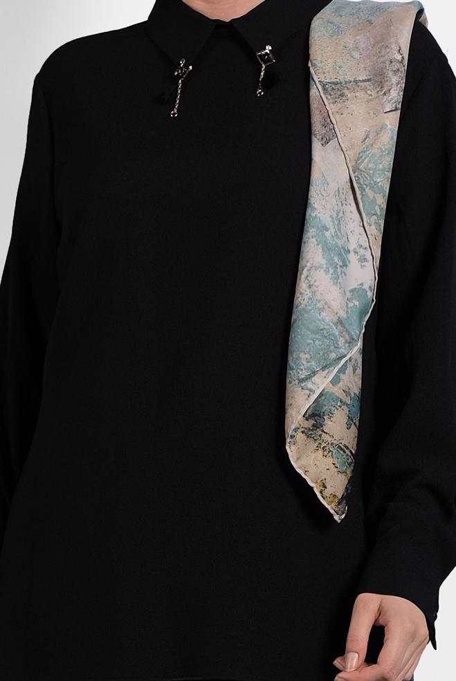 Vêtements hijab NOIR BLOUSE EN CRÊPE DÉTAIL BROCHE 20014 - ALVİNA