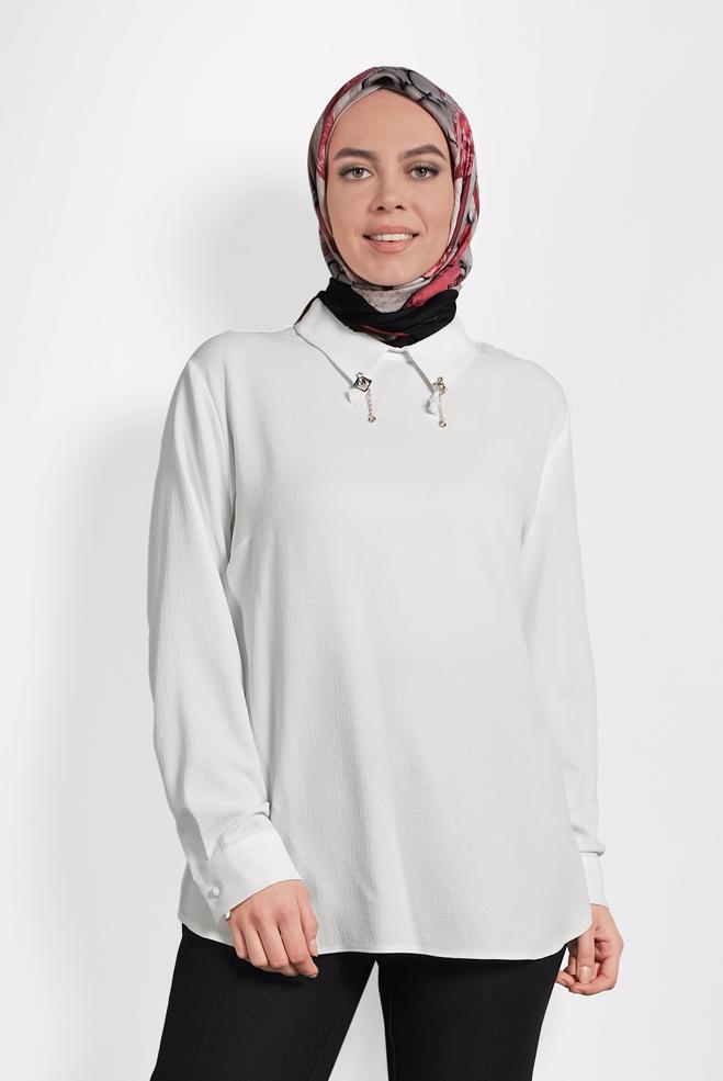 Vêtements hijab BLANC BLOUSE EN CRÊPE DÉTAIL BROCHE 20014 - ALVİNA