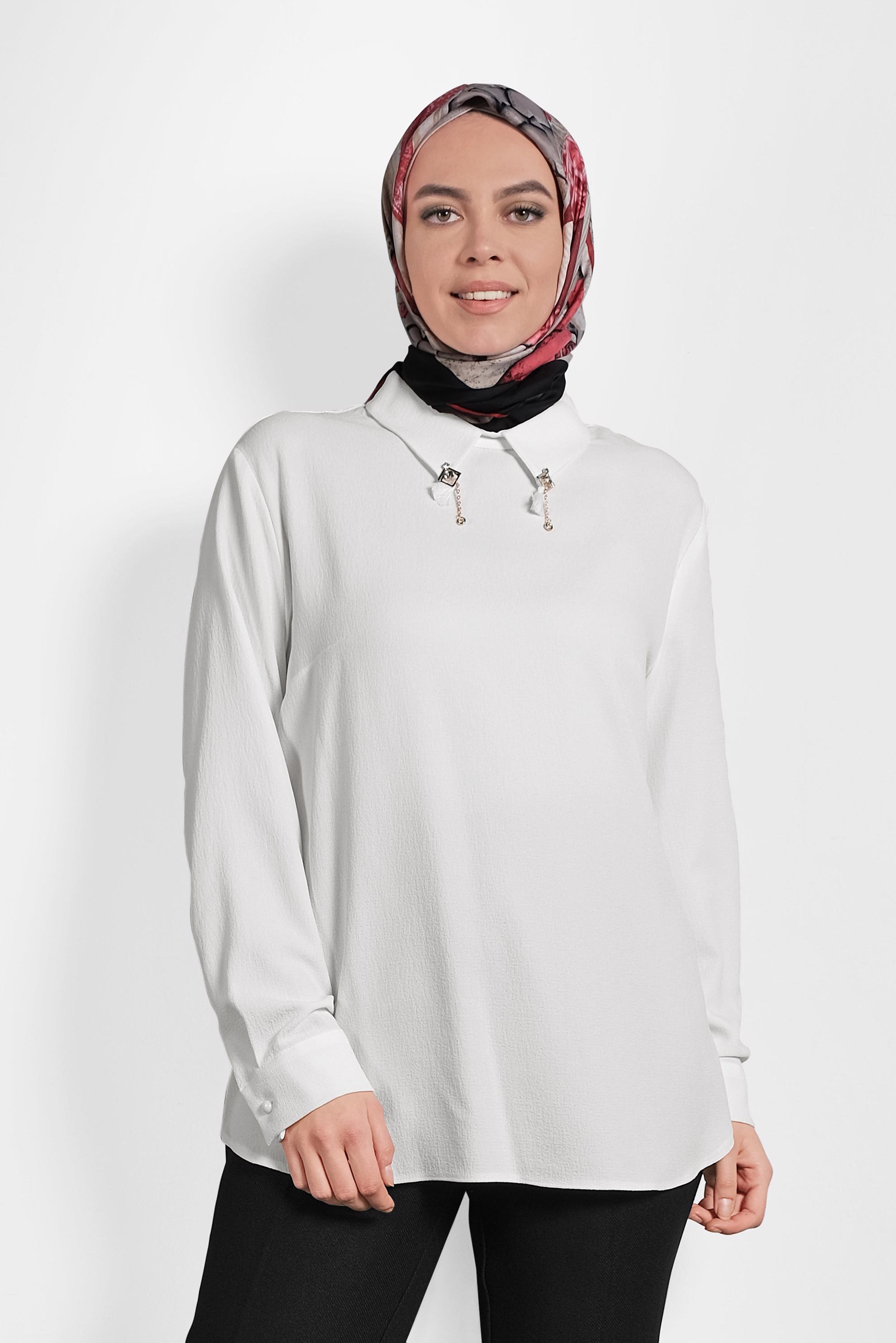 Vêtements hijab BLANC BLOUSE EN CRÊPE DÉTAIL BROCHE 20014