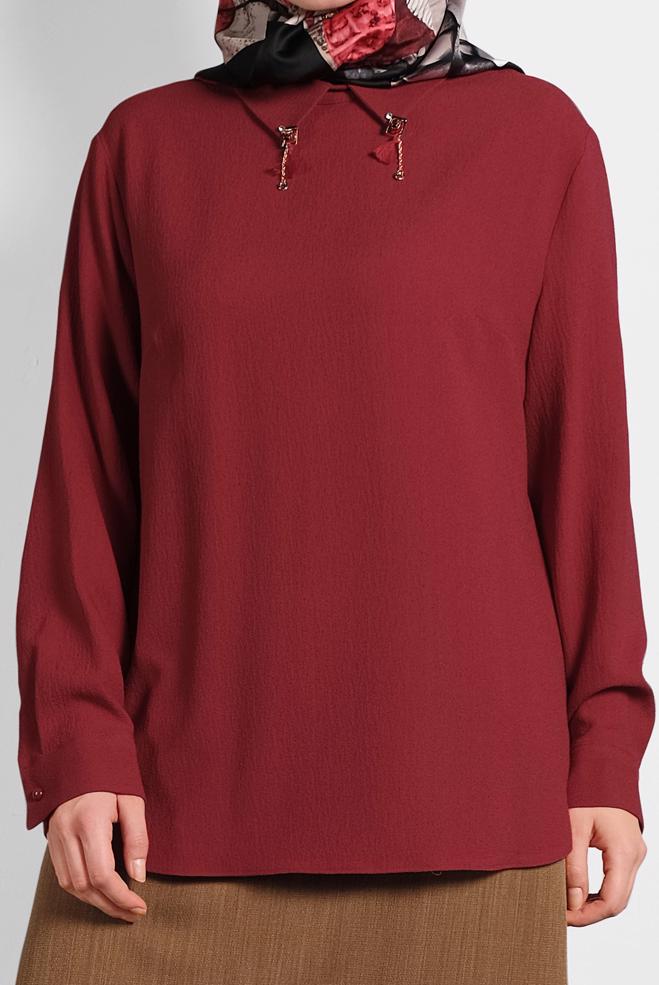 Vêtements hijab ROUGE BORDEAUX BLOUSE EN CRÊPE DÉTAIL BROCHE 20014 - ALVİNA