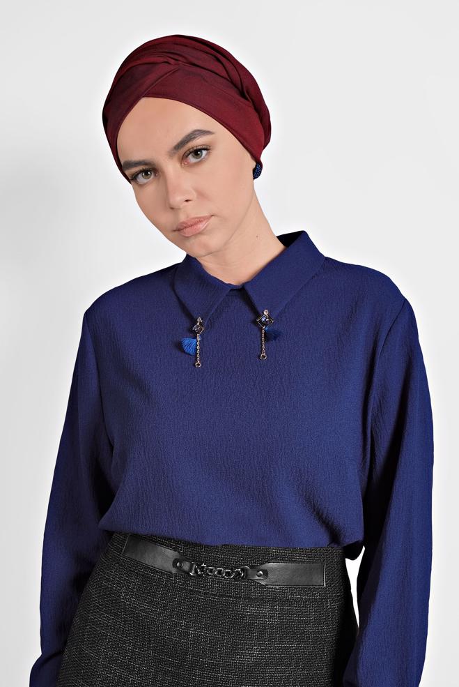 Vêtements hijab BLEU BLOUSE EN CRÊPE DÉTAIL BROCHE 20014 - ALVİNA