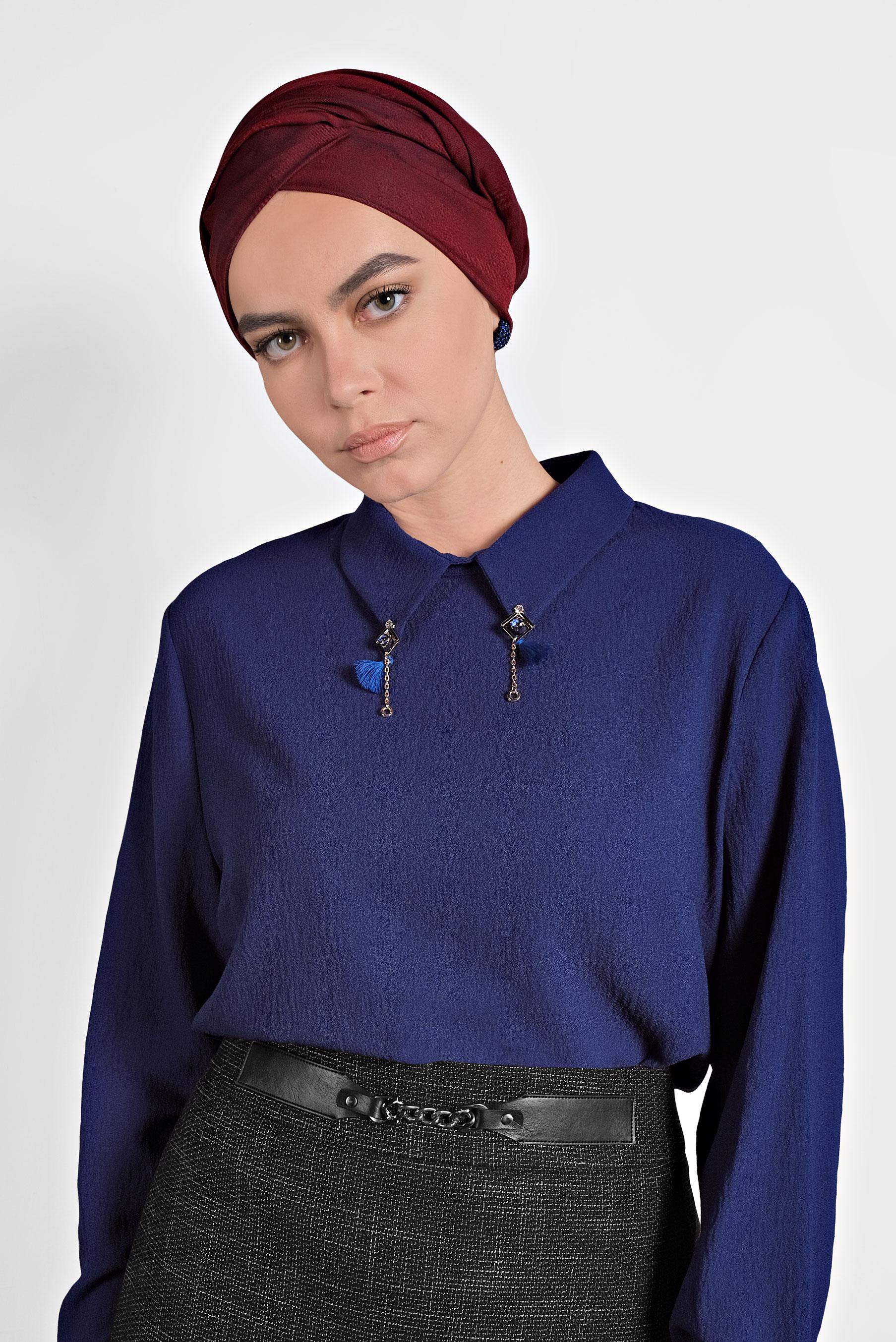 Vêtements hijab BLEU BLOUSE EN CRÊPE DÉTAIL BROCHE 20014