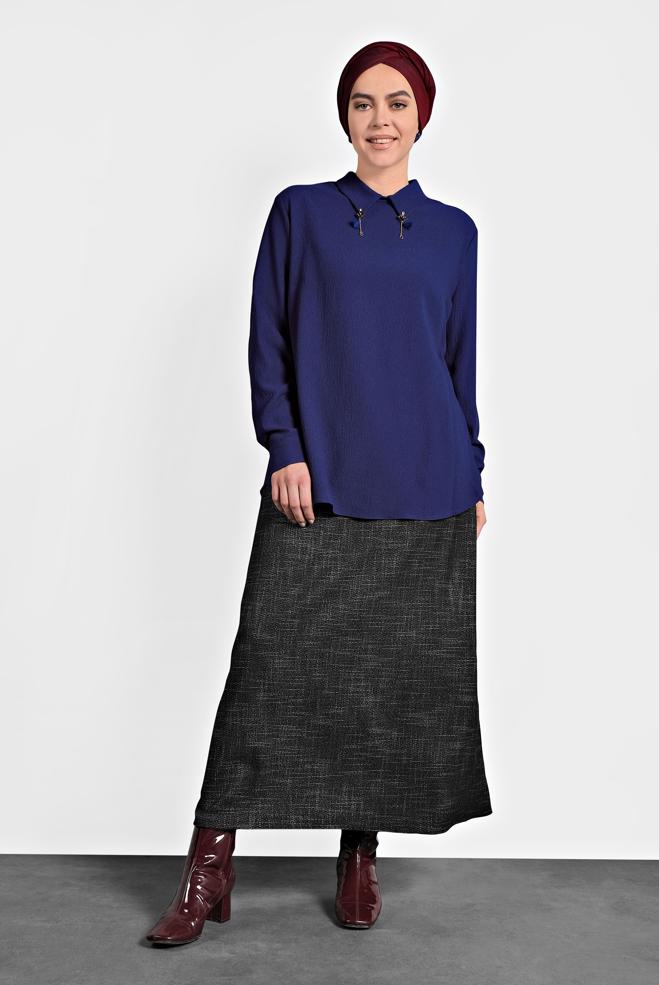Vêtements hijab BLEU BLOUSE EN CRÊPE DÉTAIL BROCHE 20014 - ALVİNA