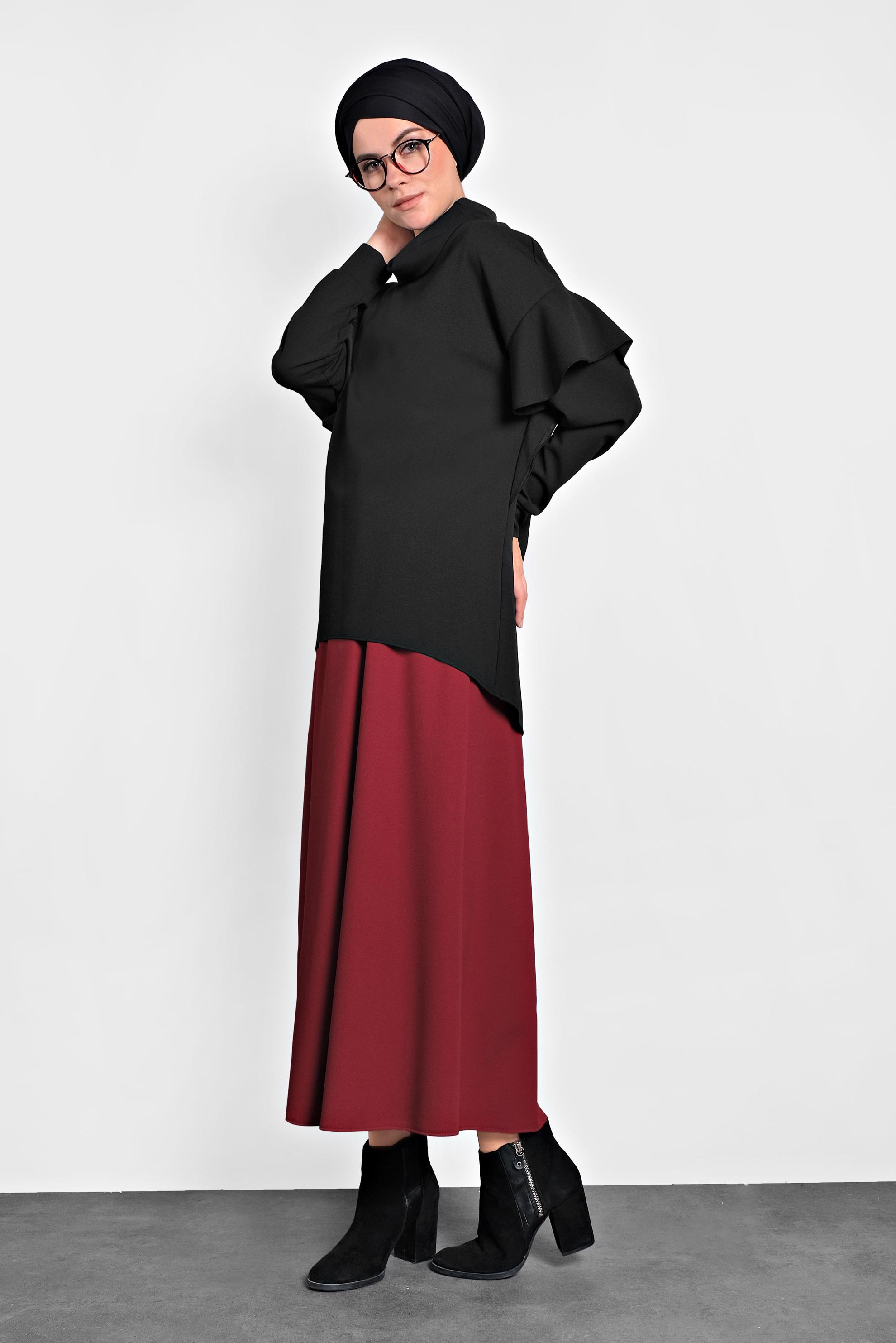 Tesettür giyim SİYAH ŞAL YAKA VOLANLI BLUZ 40117 