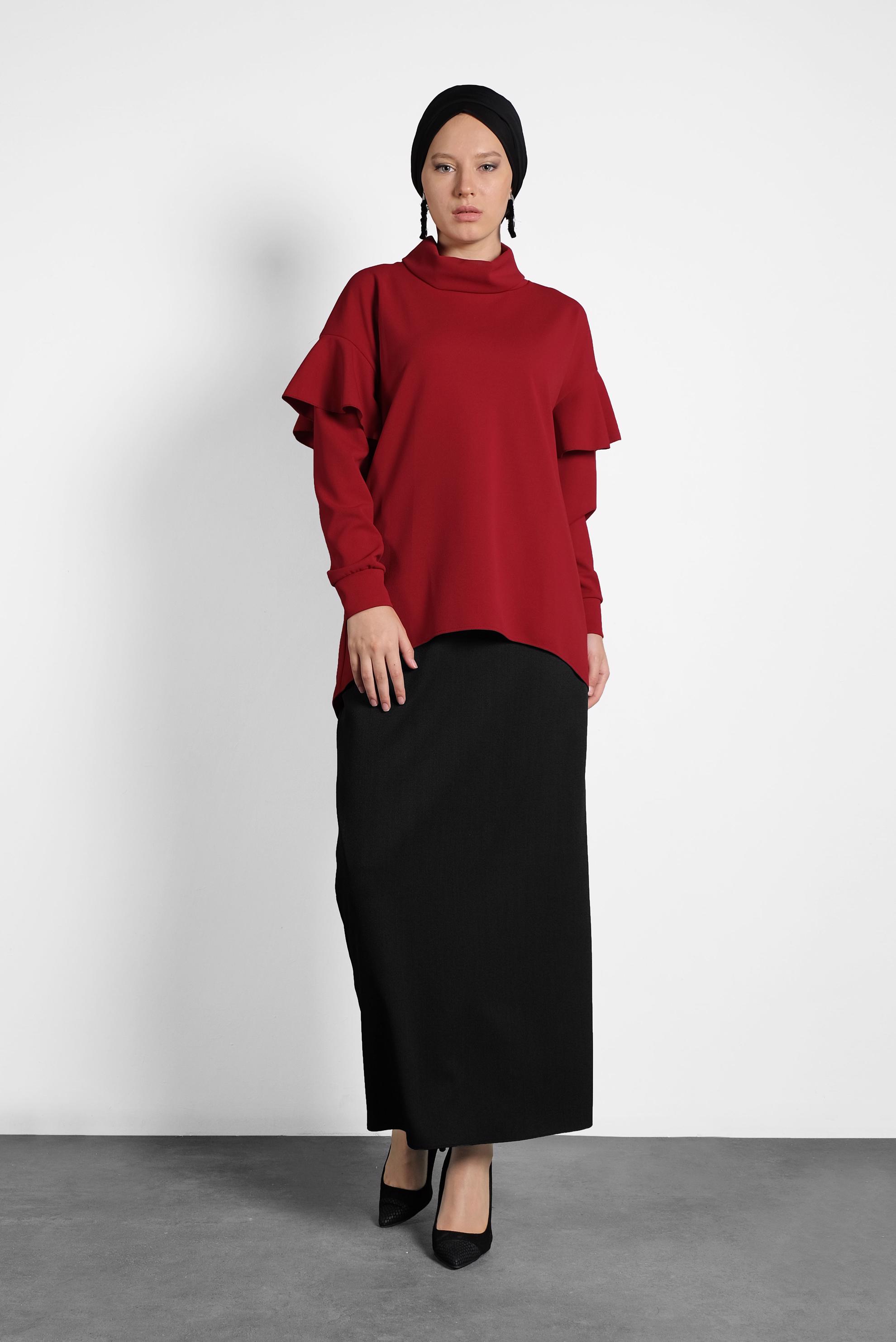 Tesettür giyim KIRMIZI ŞAL YAKA VOLANLI BLUZ 40117 