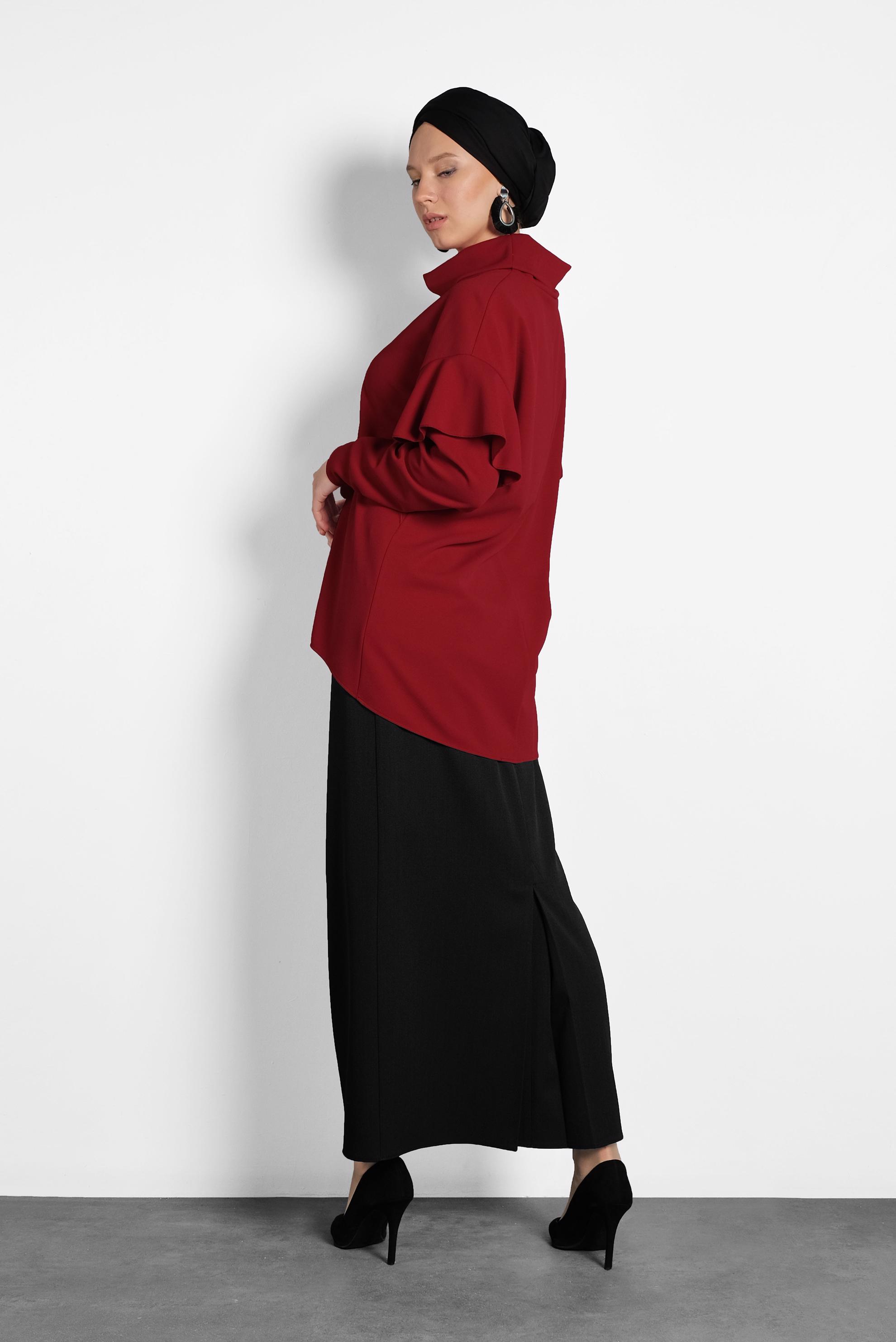 Tesettür giyim KIRMIZI ŞAL YAKA VOLANLI BLUZ 40117 