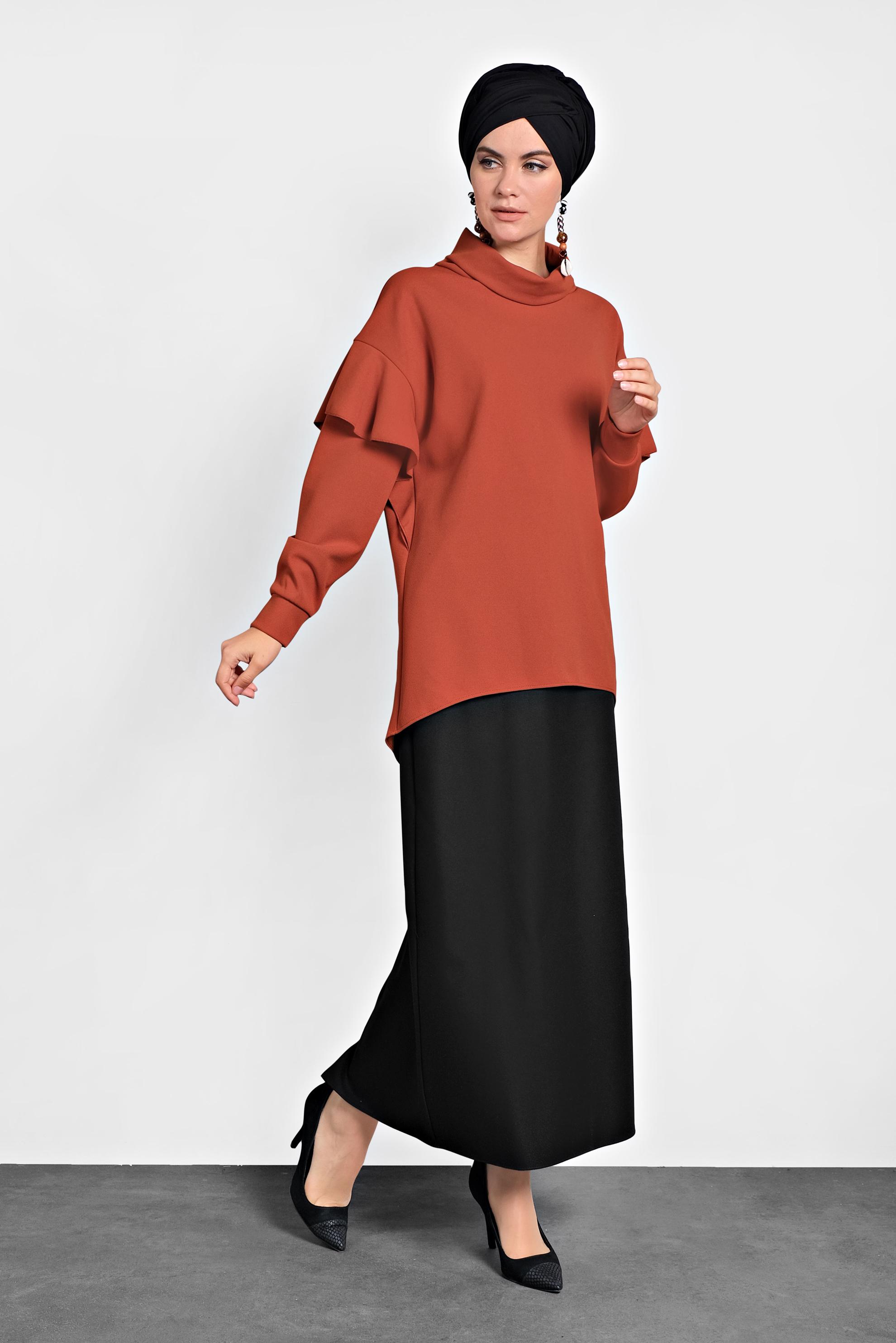 Tesettür giyim TURUNCU ŞAL YAKA VOLANLI BLUZ 40117 